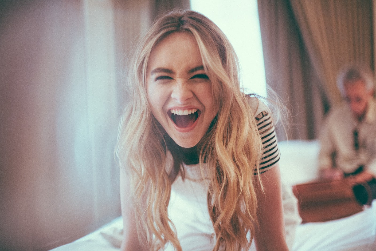 young adult, happiness, fun, mouth open, Sabrina Carpenter, hair, portrait, people, laughing, smiling, headshot, long hair, emotion, young women, shouting, HD Wallpaper
