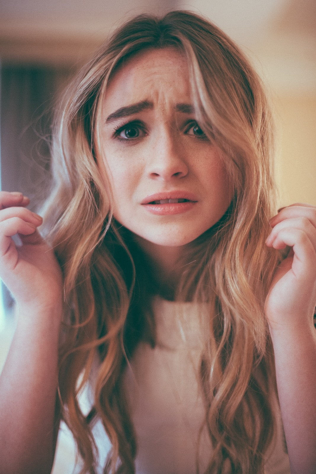 close-up, beauty, arms raised, long hair, adult, young adult, one person, portrait, contemplation, blond hair, beautiful people, looking at camera, beautiful woman, Phone HD Wallpaper