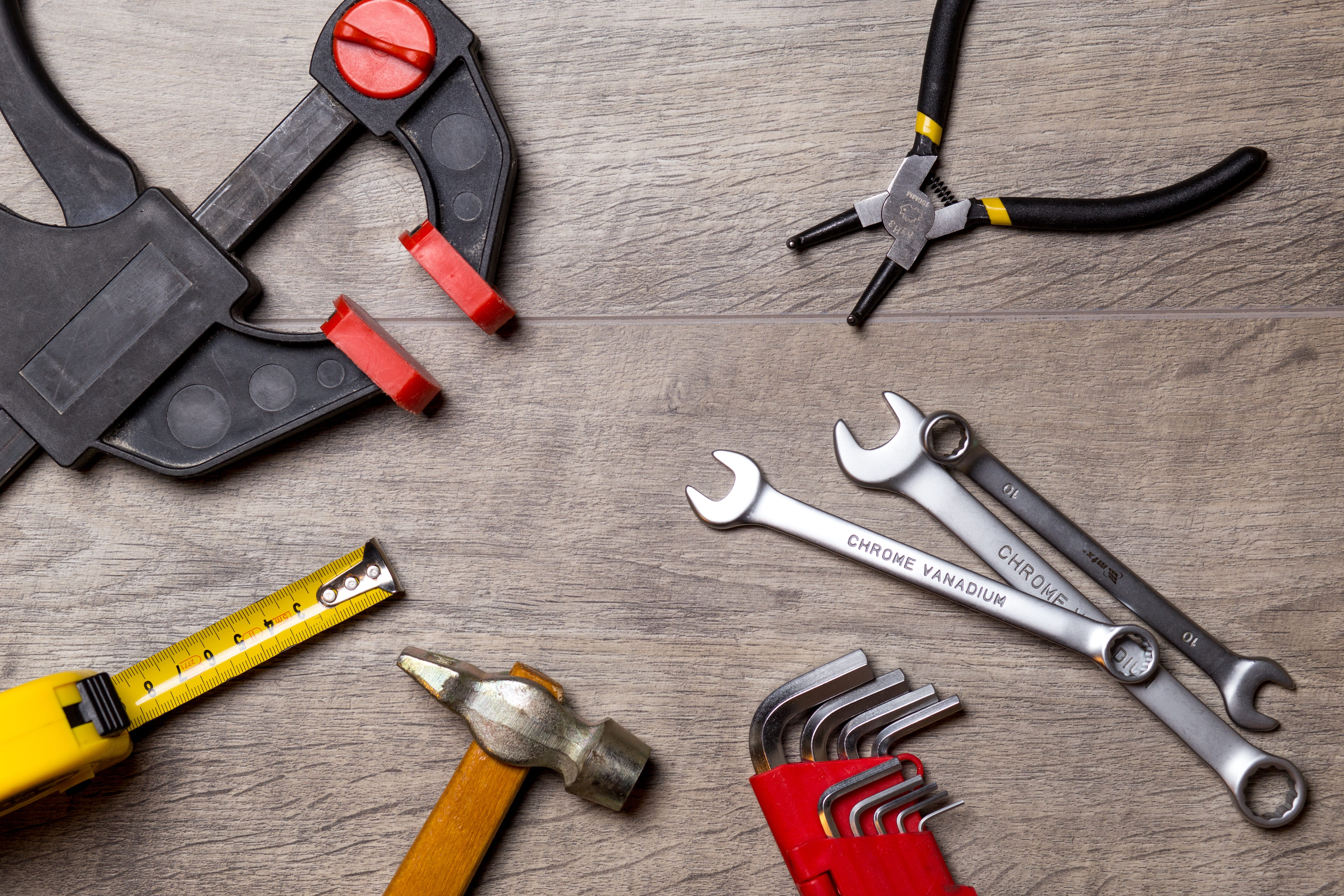 hand, no people, repair, lot, medium group of objects, high angle view, clamp, hammer, steel, work, work tool, diy, directly above, roulette, variation, HD Wallpaper
