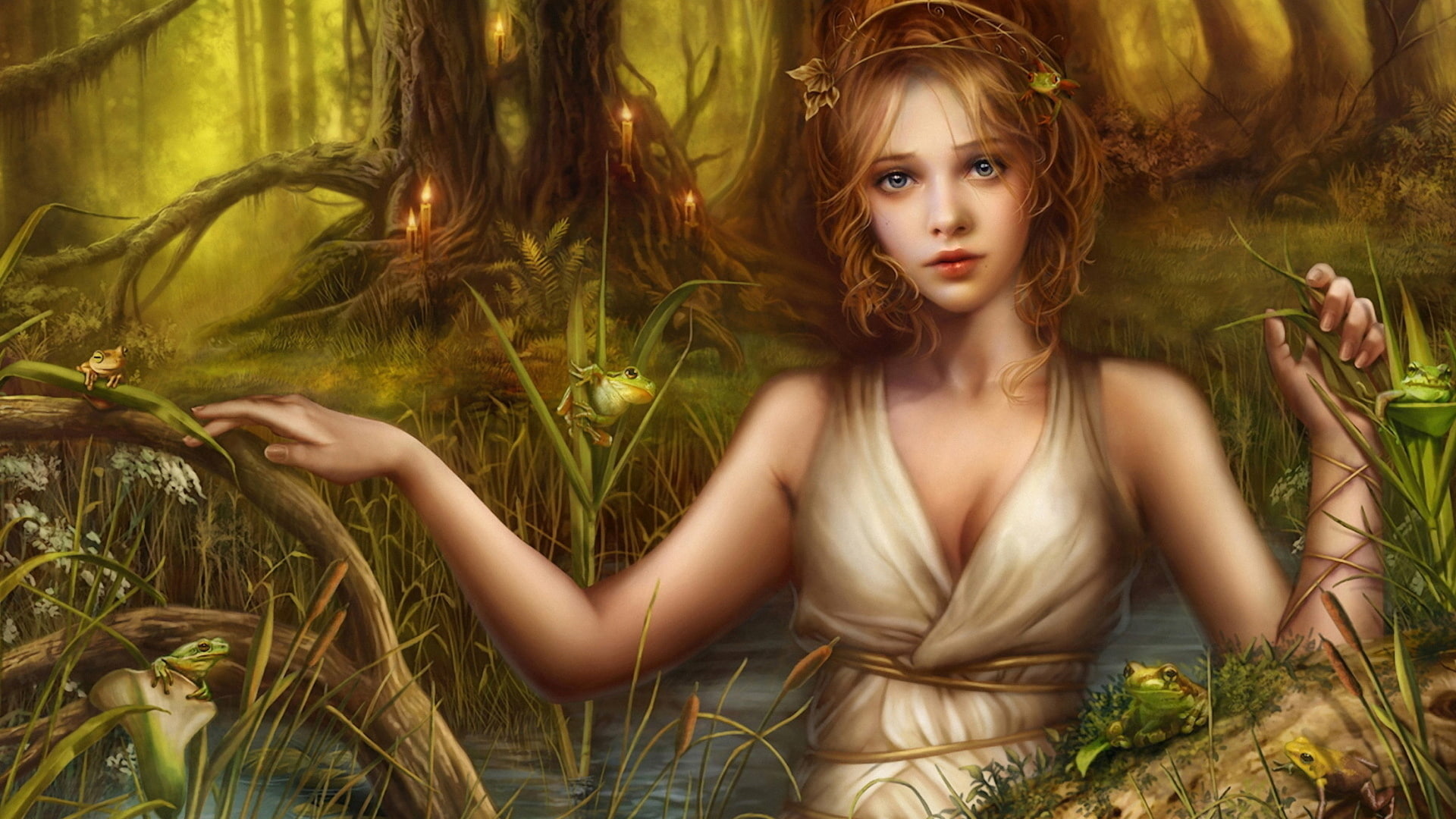 beige, woman, surplice, hd, 1080P, fantasy, neckline, women, HD Wallpaper