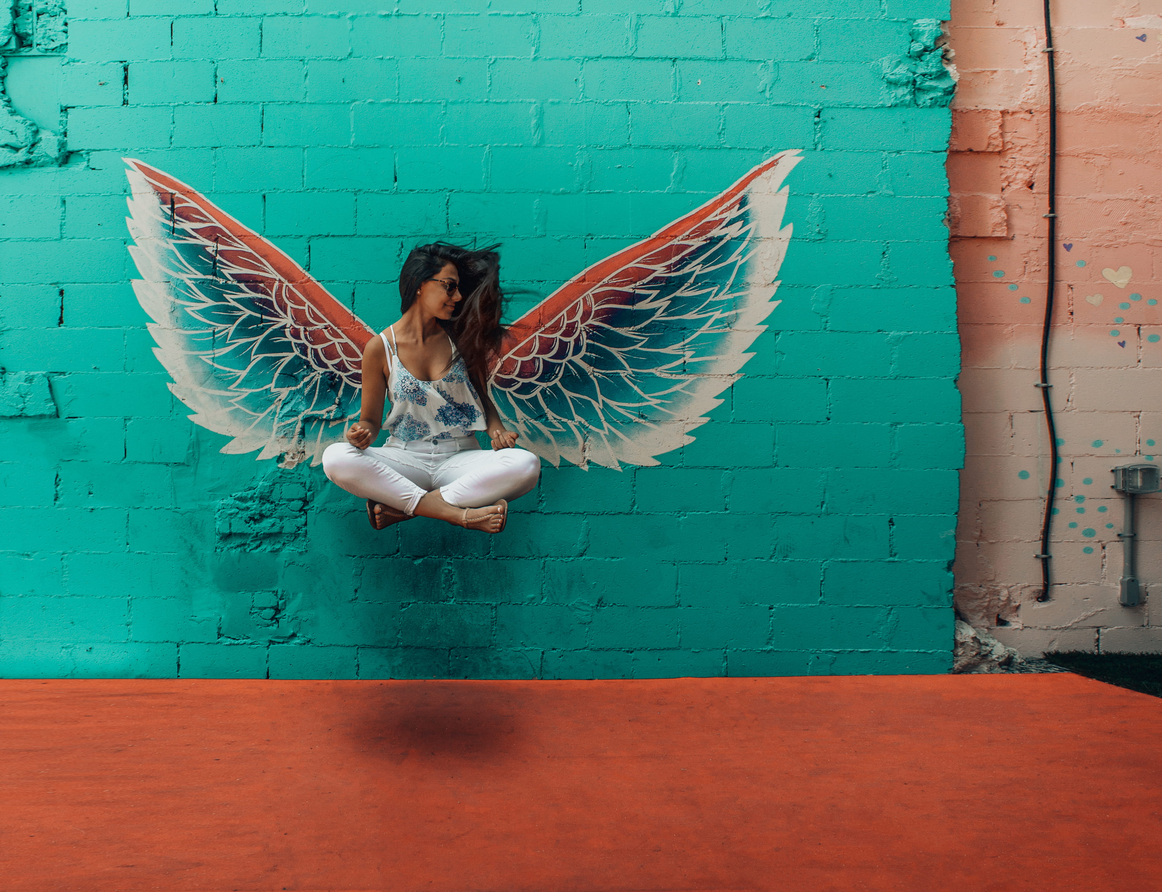 2K, people, floral, casual clothing, surplice, canada, interior design, fly, camisole, mid-air, brick, blue, wall - building feature, magic, leisure activity, HD Wallpaper