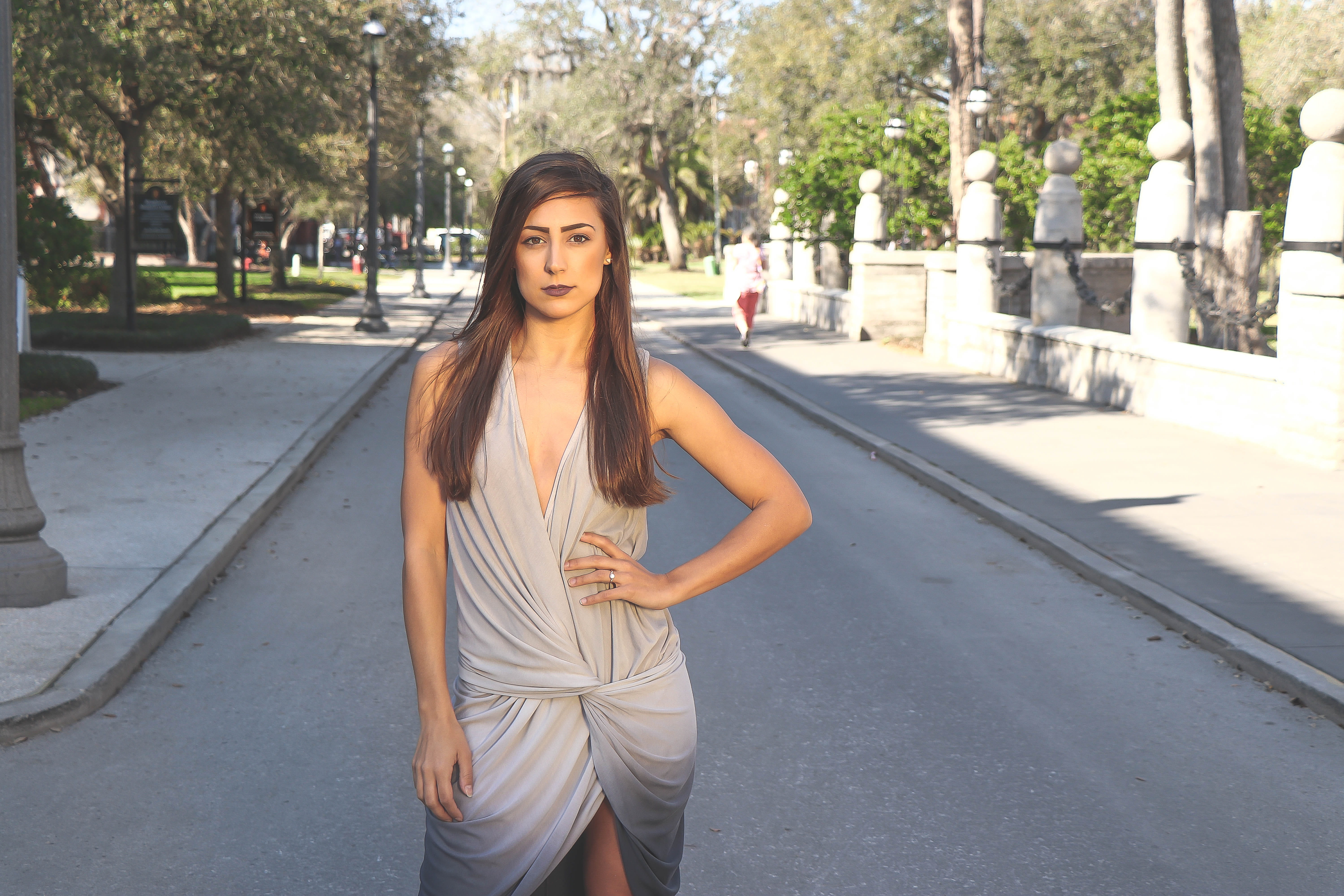 beautiful woman, pretty, fashion, long hair, day, city, casual clothing, dress, woman, young adult, girl, lifestyles, portrait, surplice, neckline, pavement, HD Wallpaper