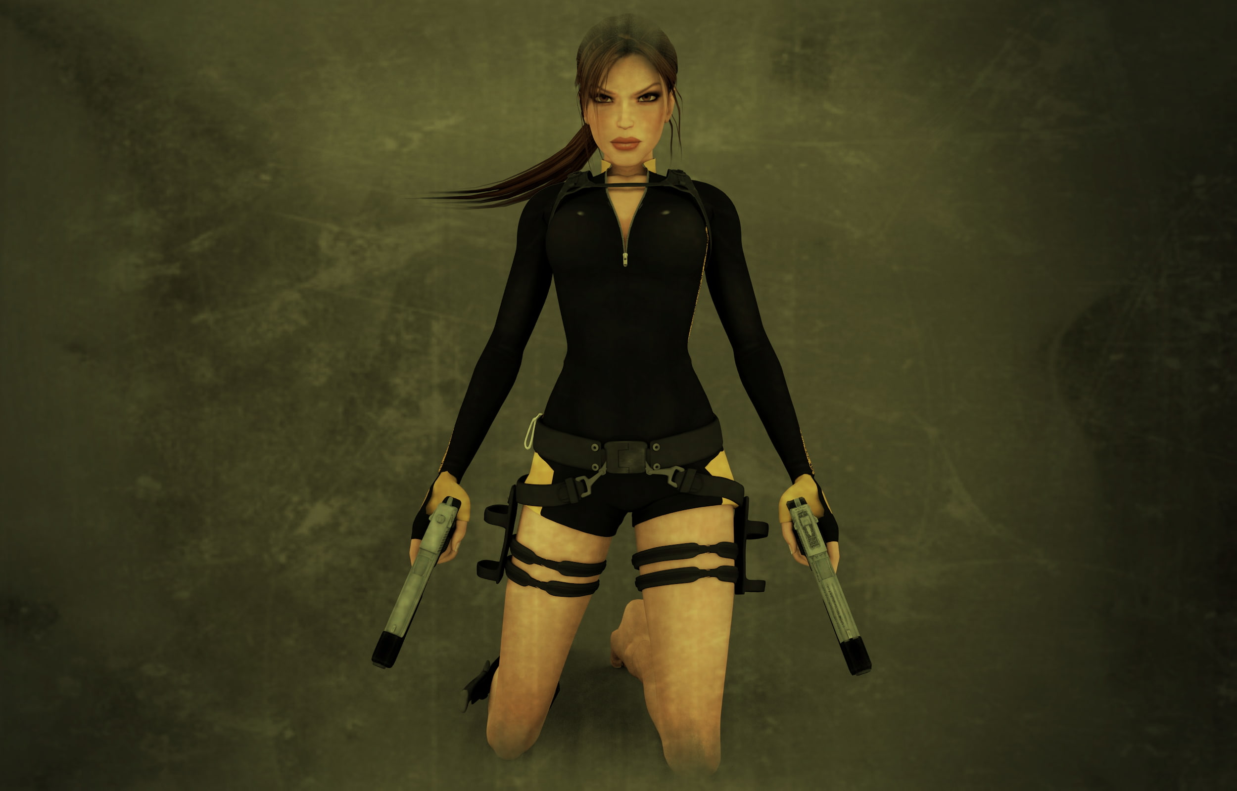 indoors, real people, beautiful woman, three quarter length, hairstyle, Lara Croft, yellow, gun, front view, standing, protection, 1080P, girls with guns, HD Wallpaper