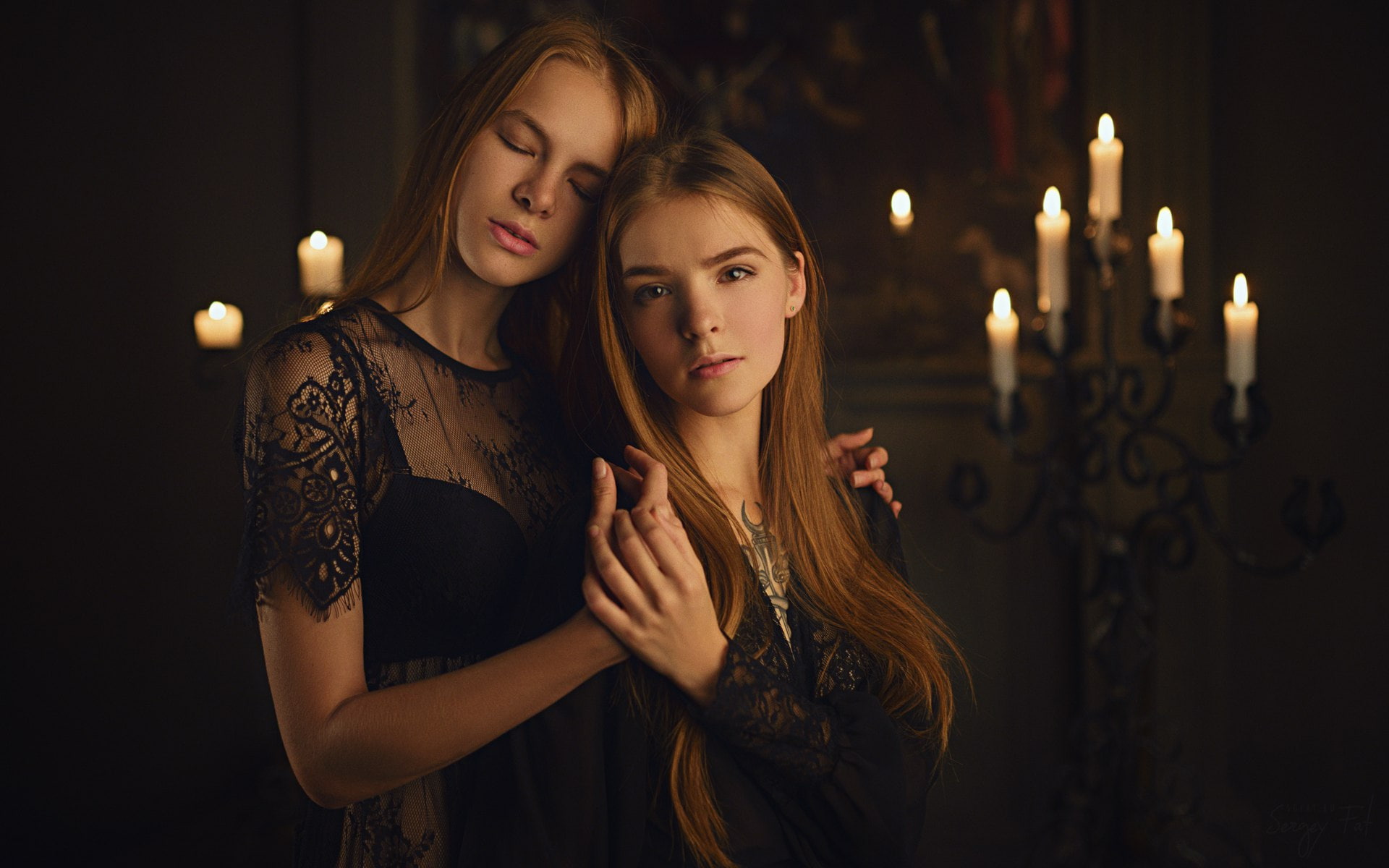 two people, hairstyle, dark, 1080P, Vasilisa Sarovskaya, fire, Sergey Zhirnov, candle, people, adult, flame, fashion, young adult, beauty, hair, indoors, HD Wallpaper