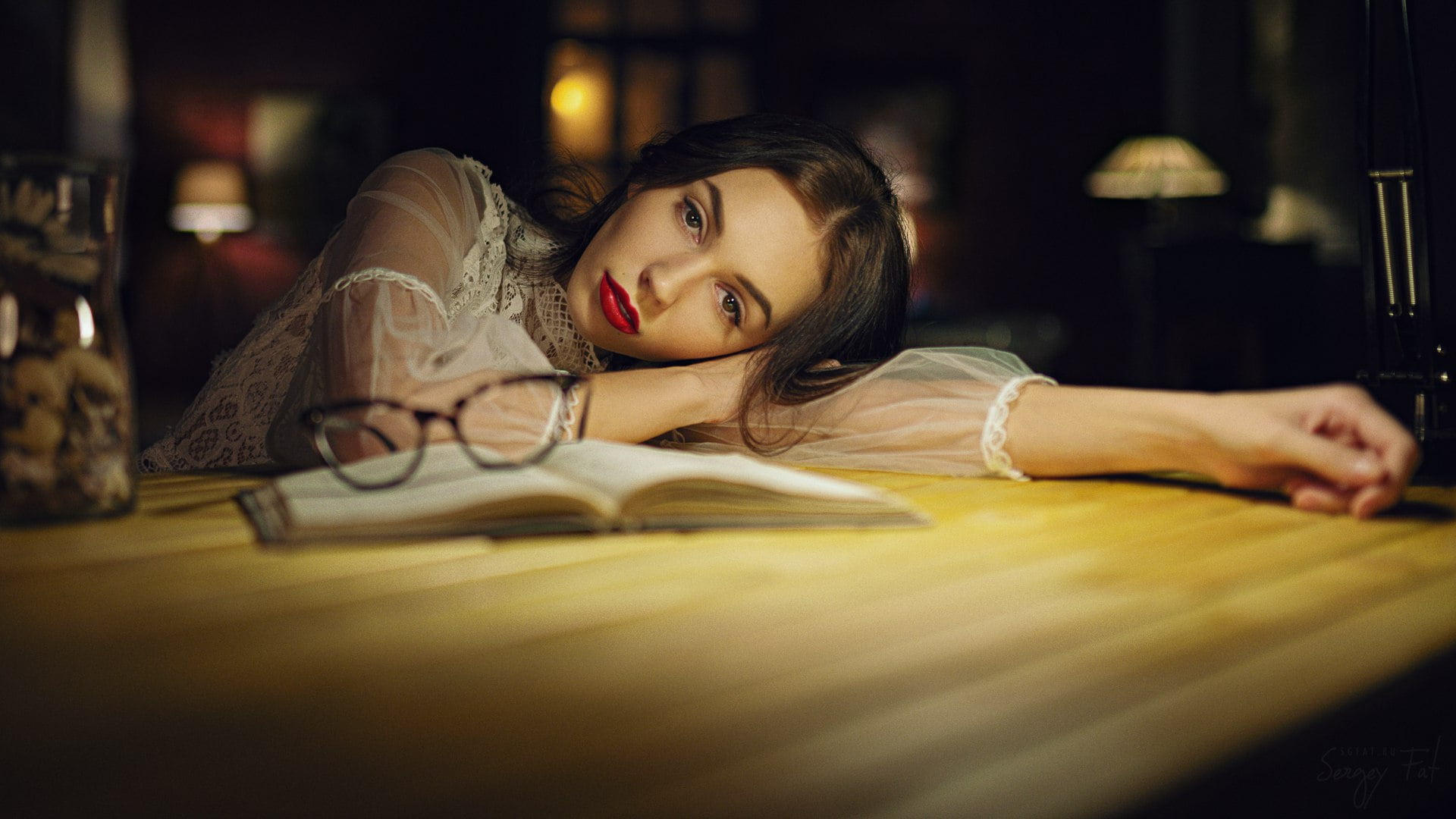 dark, hairstyle, face, contemplation, relaxation, beautiful people, young women, lying down, book, 1080P, night, table, one person, women, beautiful woman, HD Wallpaper