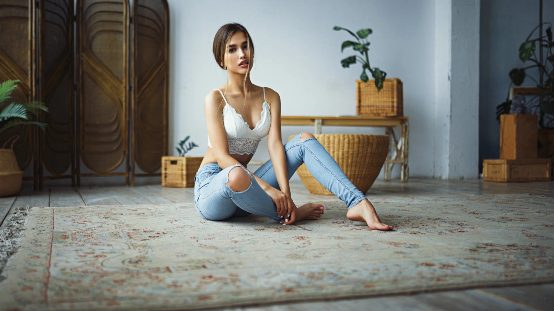 Sergey Fat, Anastasia Lis, Sergey Zhirnov, sitting, jeans, 1080P, girl, HD Wallpaper