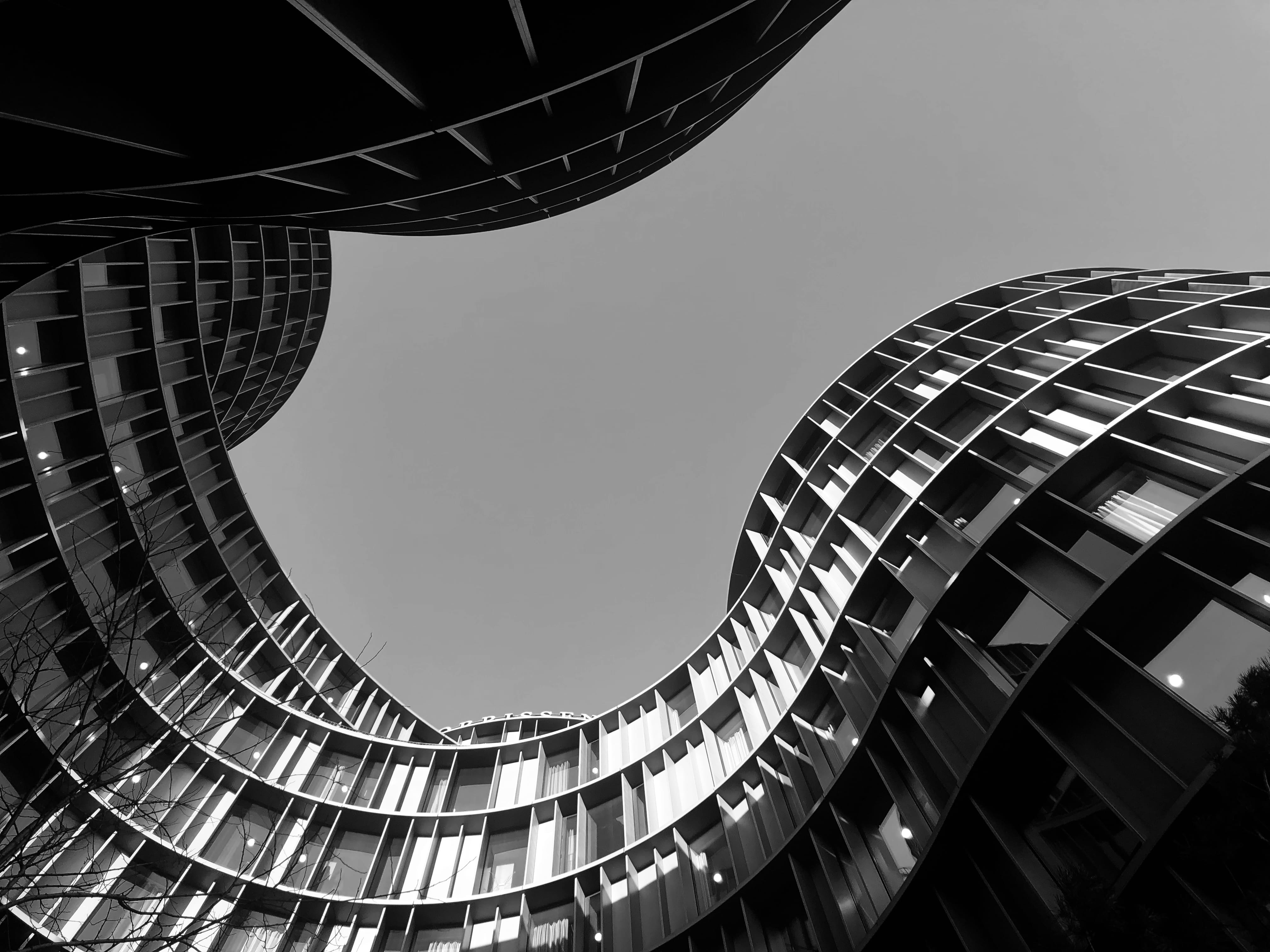 denmark, building exterior, office building exterior, tarmac, tower, staircase, pattern, day, amusement park, light, axeltorv 2f, clear sky, glass - material, HD Wallpaper