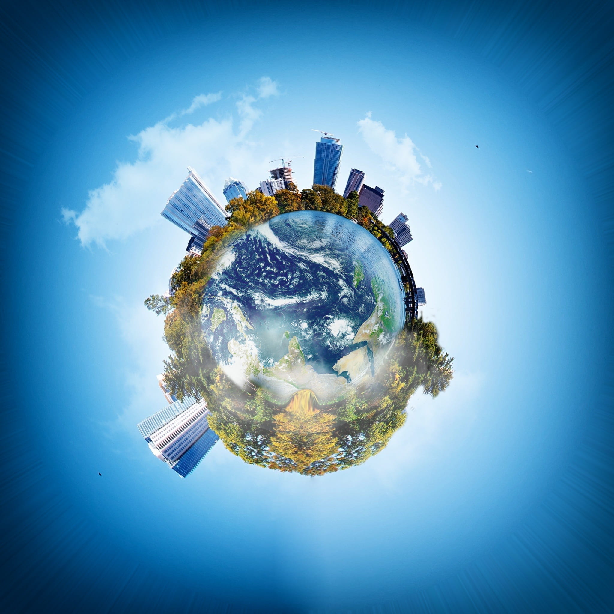 sphere, architecture, distorted image, area, planet - space, globe - man made object, fish-eye lens, 1080P, blue, sky, office building exterior, building exterior, Phone HD Wallpaper