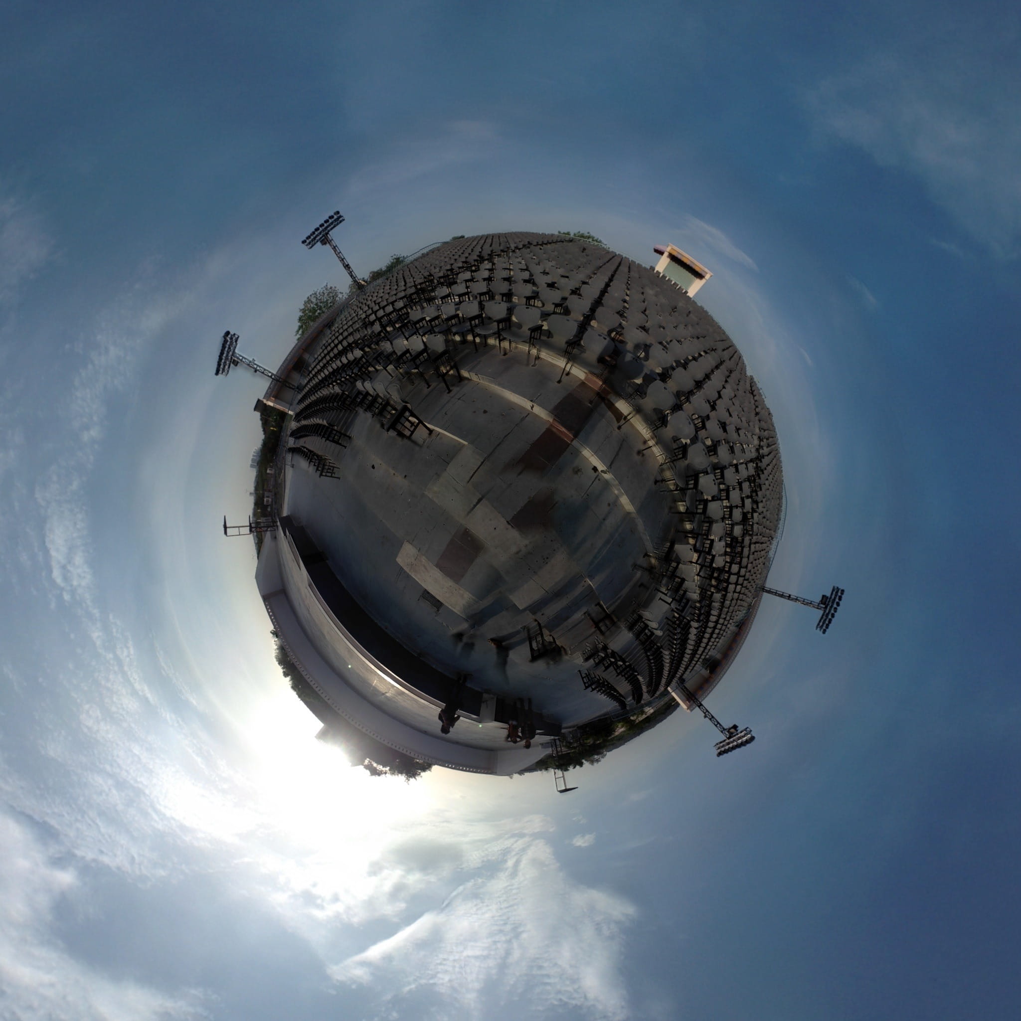 togetherness, Auditorium, low angle view, sphere, Sky, outdoors, transportation, sun, 1080P, building, Open, distorted image, space, building exterior, Phone HD Wallpaper