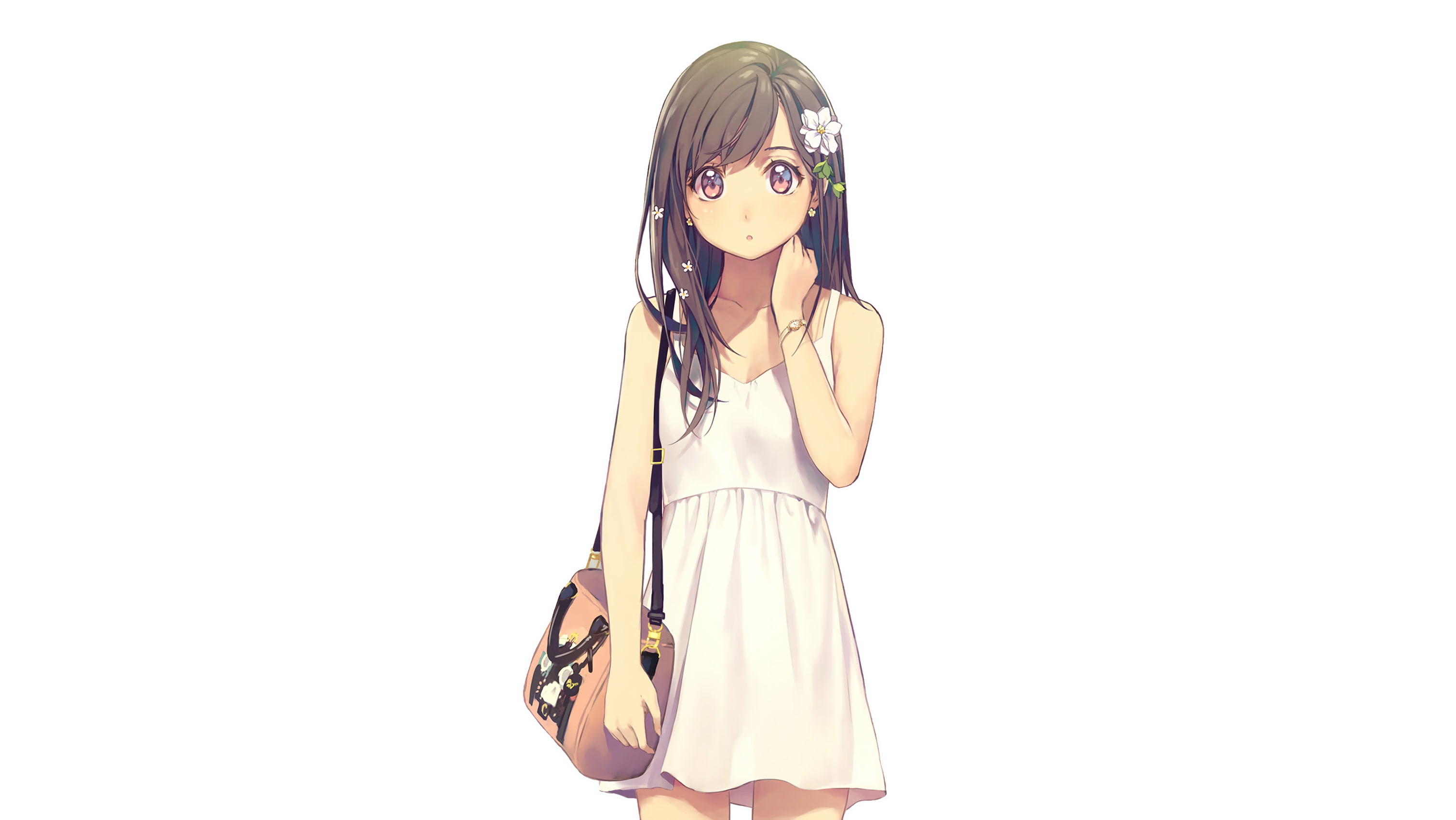 2K, long hair, brunette, anime girls, yohan12, white background, white dress, dress, HD Wallpaper