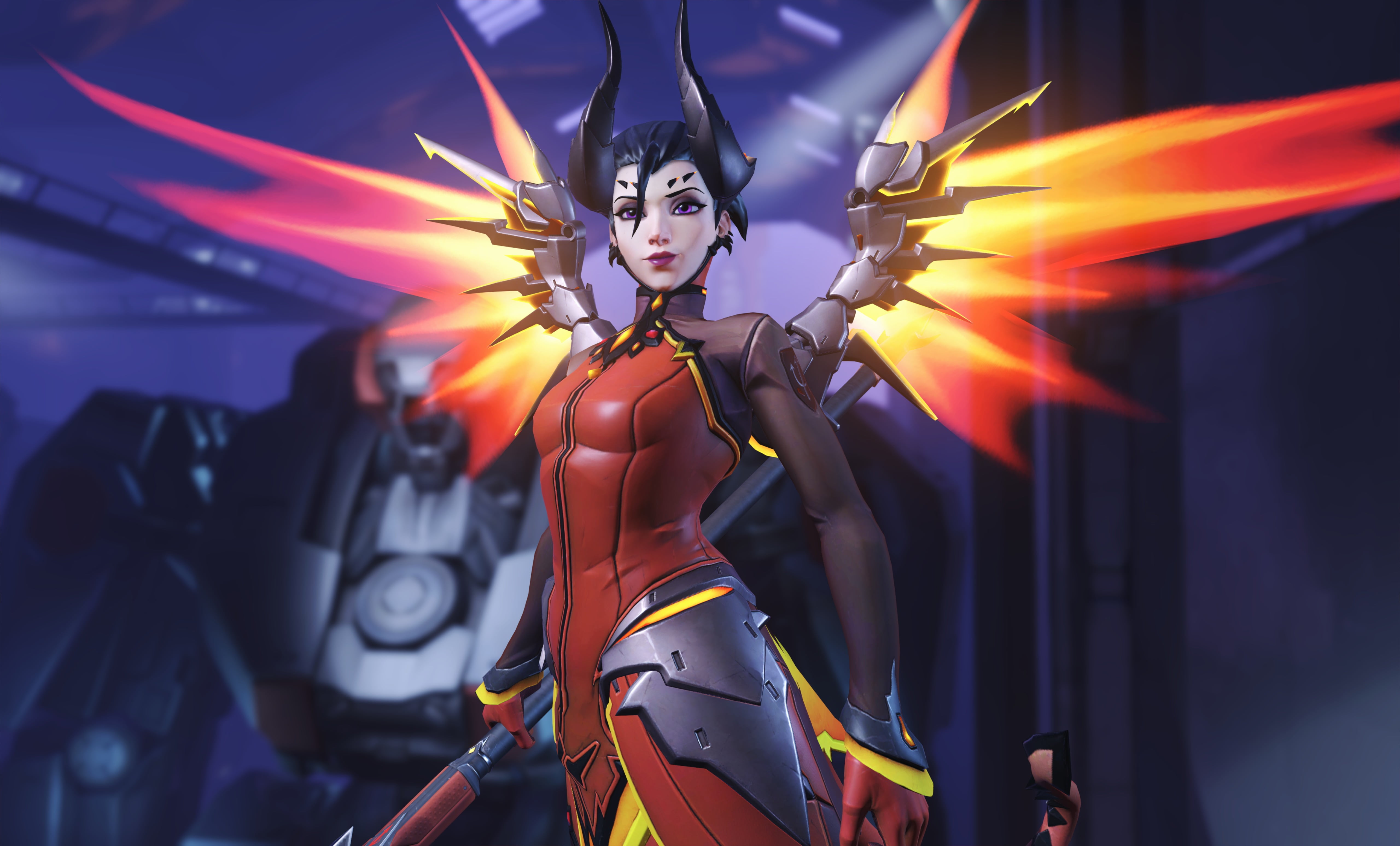Mercy (Overwatch), 5K, art and craft, costume, focus on foreground, low angle view, indoors, creativity, craft, celebration, anime, representation, orange color, HD Wallpaper