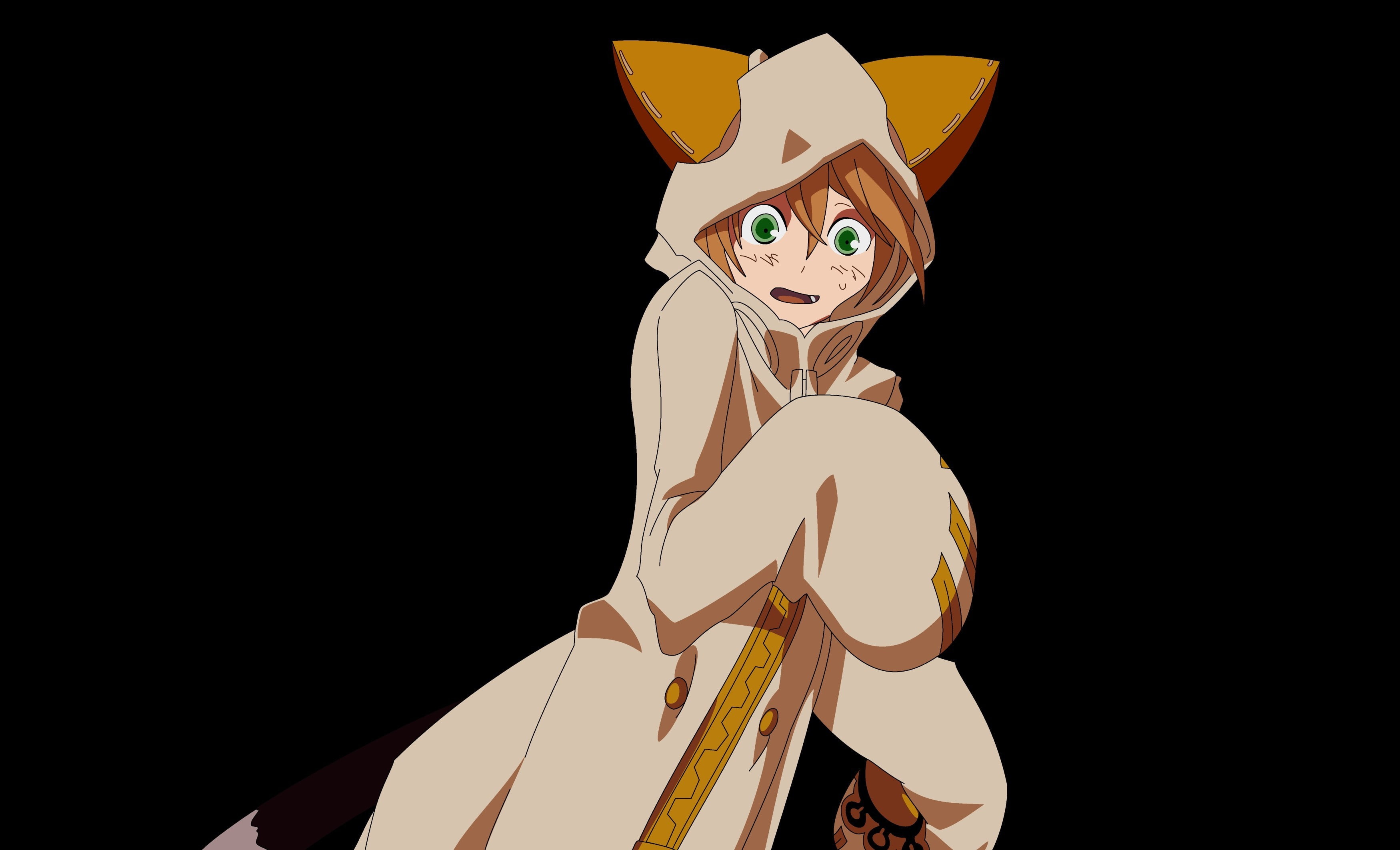 low angle view, representation, 2K, anime, black background, copy space, nature, art and craft, one person, standing, studio shot, nekomimi, mammal, celebration, HD Wallpaper