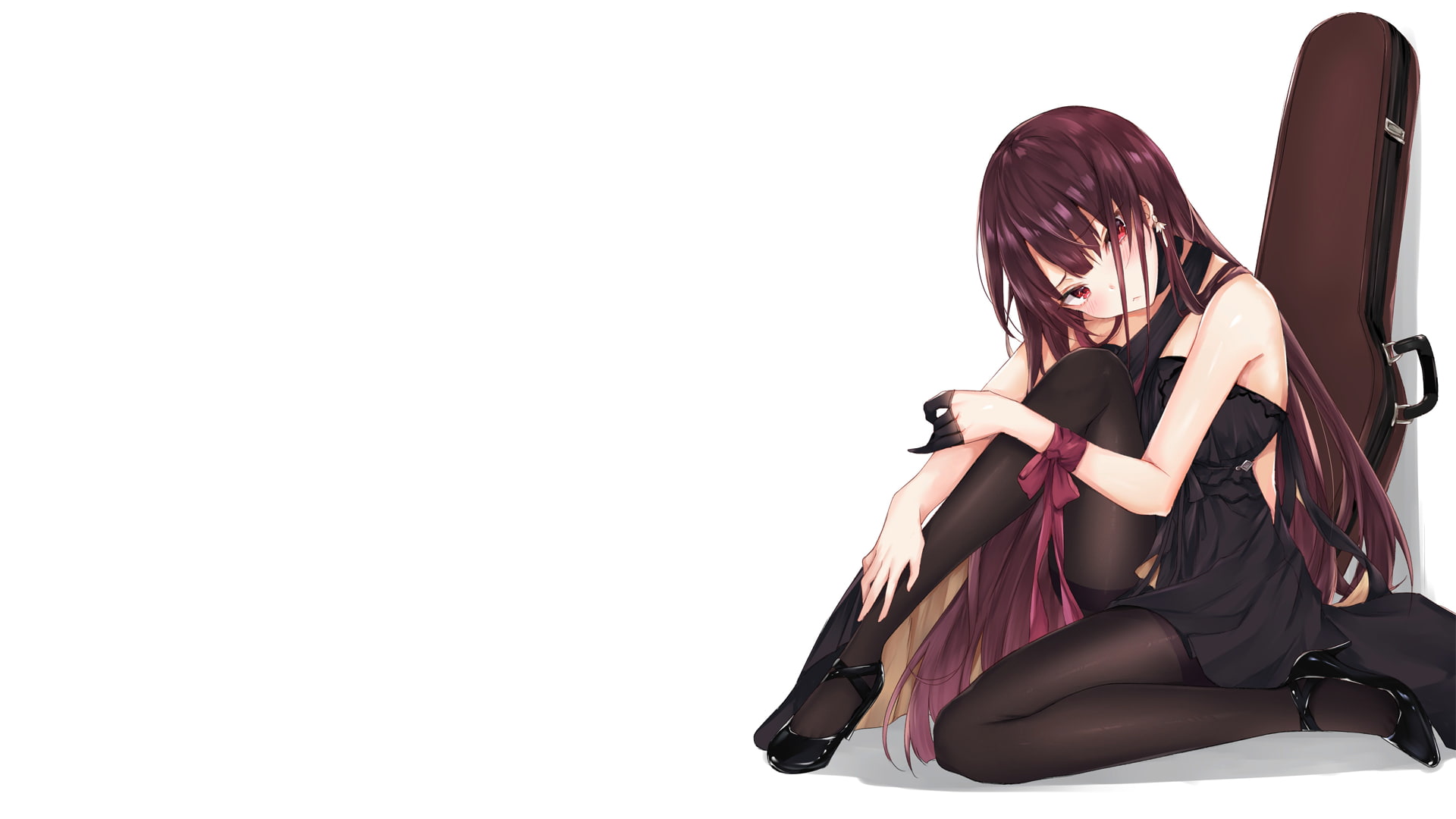 white background, long hair, tights, simple background, guitar, anime, manga, minimalism, 1080P, looking at viewer, heels, pantihose, red eyes, sitting, HD Wallpaper