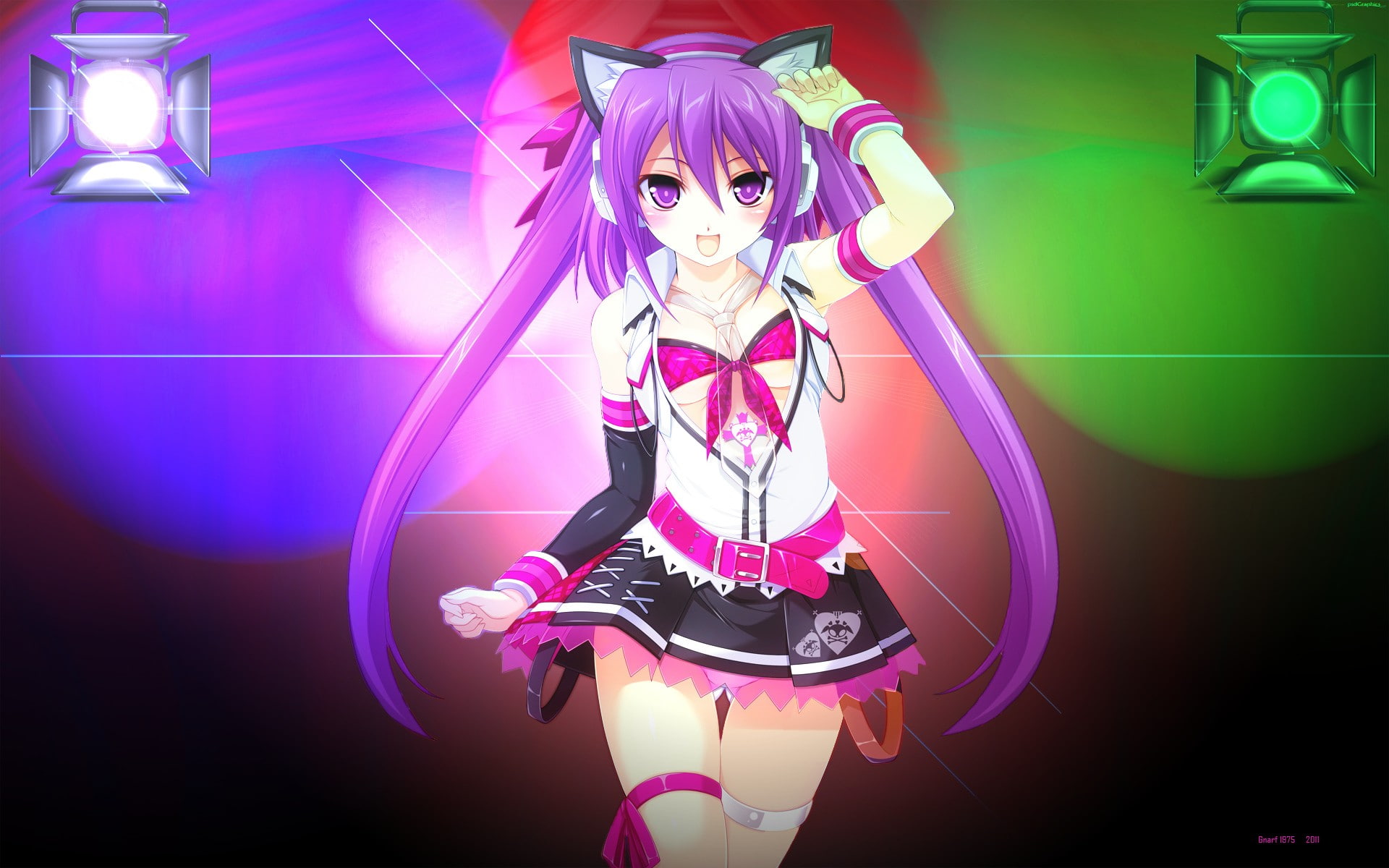girls, cat, character, mizushiro celica, long, purple, anime girls, beatmania, ears, mizushiro, anime, nekomimi, 1080P, celica, twintails, hair, female, HD Wallpaper