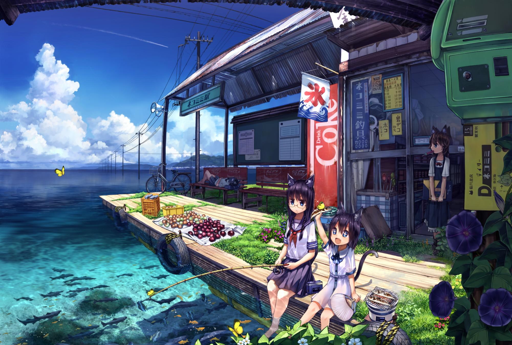 sea, girls, water, anime, anime girls, nekomimi, fishing, 1080P, 2000x1346, clouds, HD Wallpaper