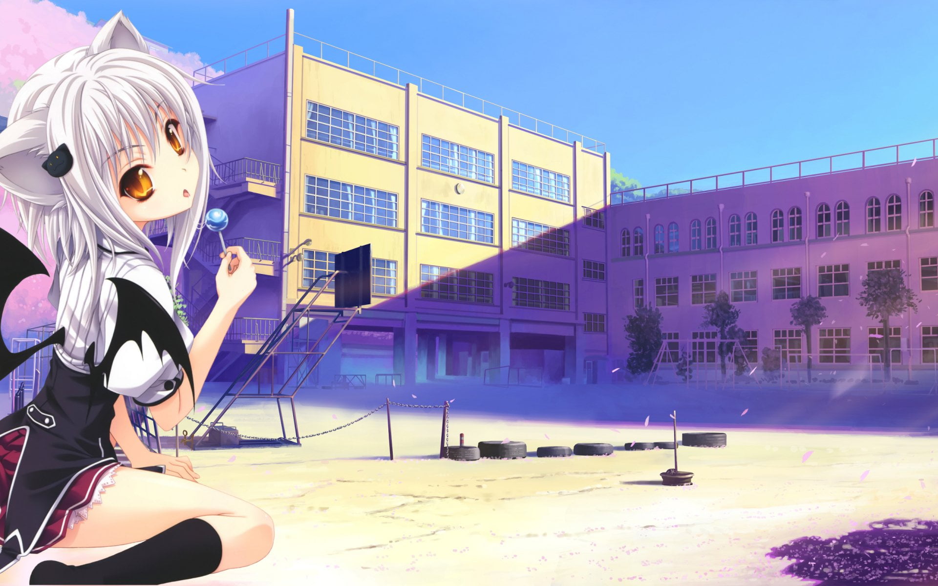 night, building exterior, art and craft, lollipop, clear sky, 1080P, famous Place, gray, character, representation, sport, ears, day, Anime, lifestyles, HD Wallpaper