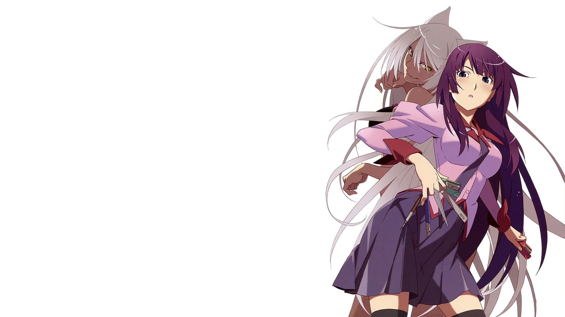 Sawarineko, cut out, copy space, outdoors, festival, Monogatari Series, purple, clothing, costume, people, sky, clear sky, white background, anime girls, HD Wallpaper