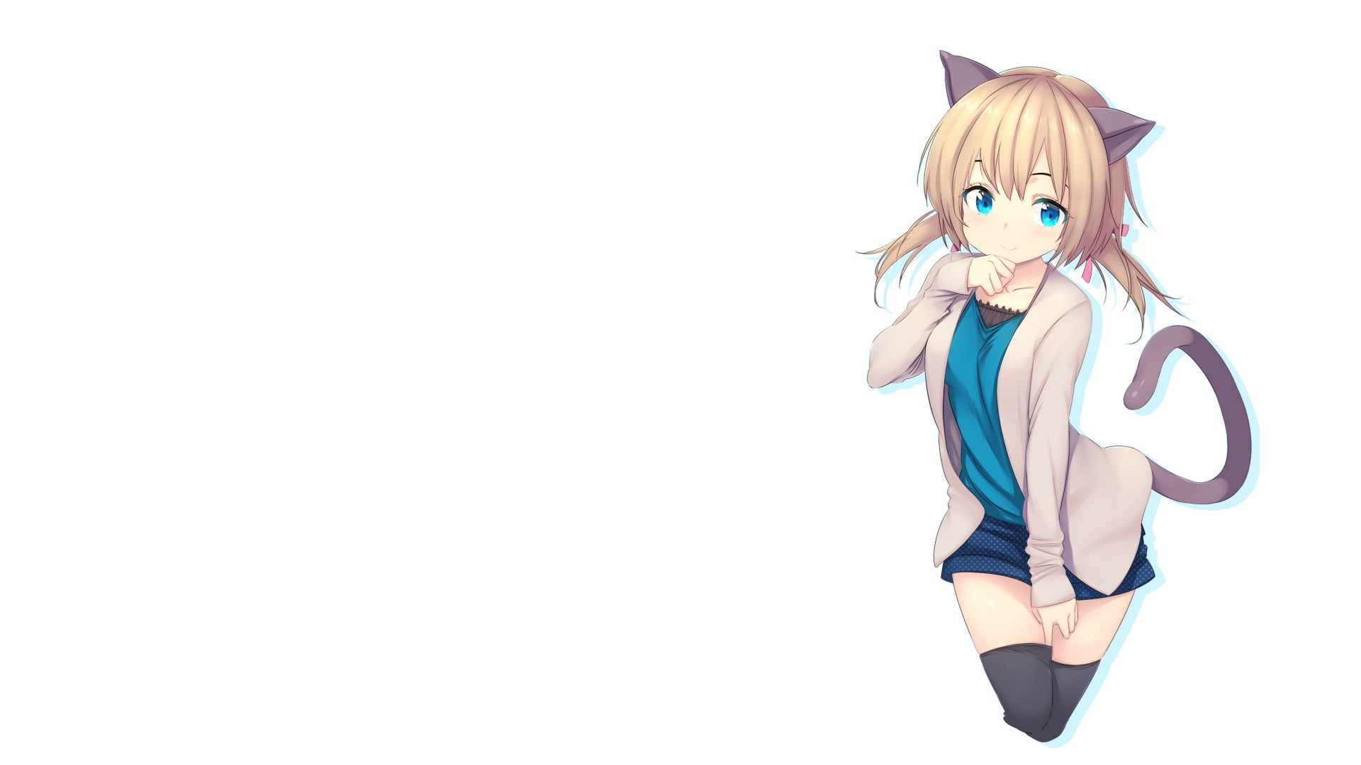 copy space, anime, blond hair, white background, hair, casual clothing, indoors, cat girl, lifestyles, costume, standing, women, original characters, nekomimi, HD Wallpaper