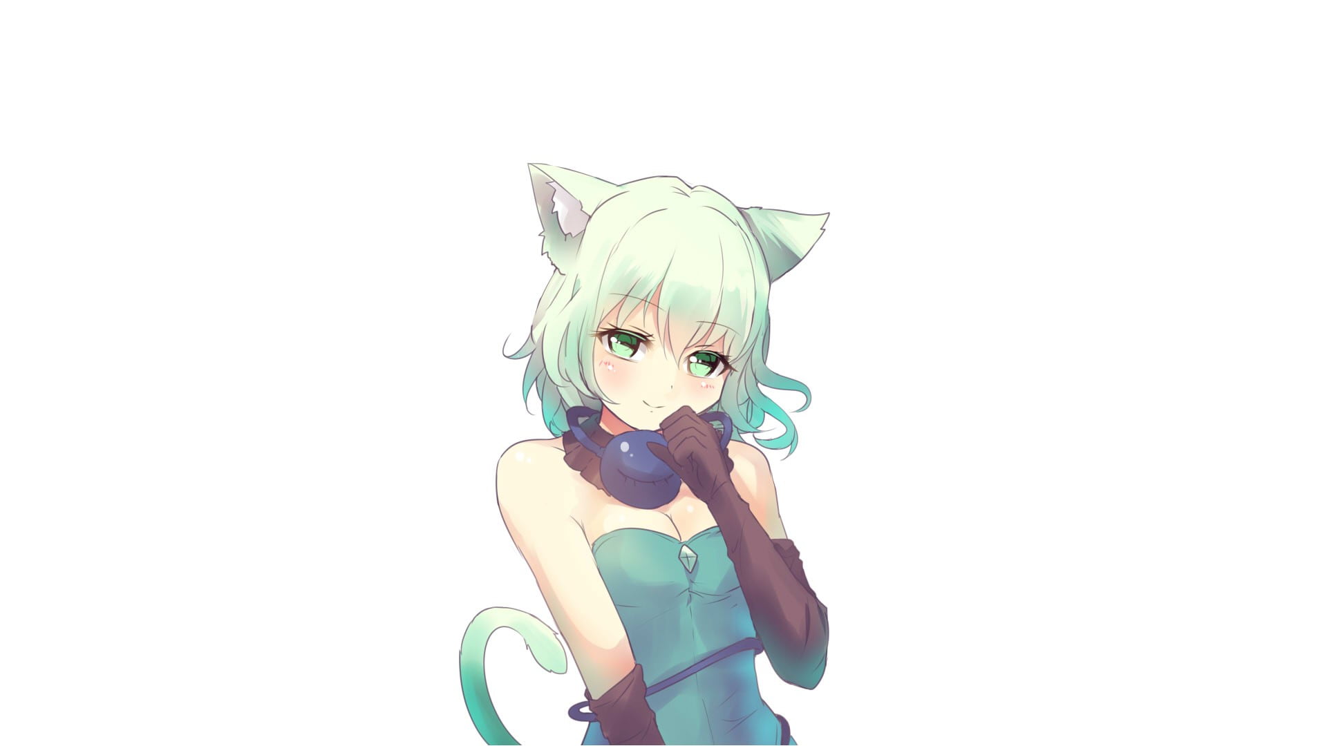 one person, young women, indoors, copy space, anime, white background, waist up, green color, cut out, leisure activity, front view, young adult, dress, HD Wallpaper