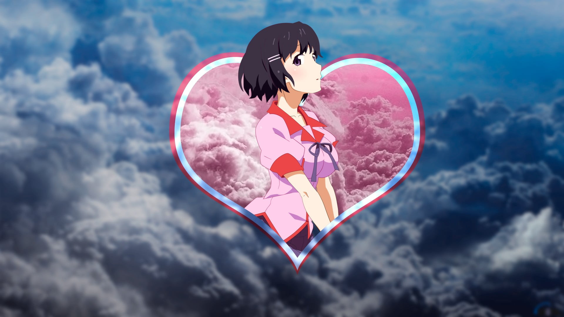 day, sky, real people, anime, Monogatari Series, positive emotion, cloud - sky, women, one person, innocence, pink color, childhood, nature, heart shape, HD Wallpaper