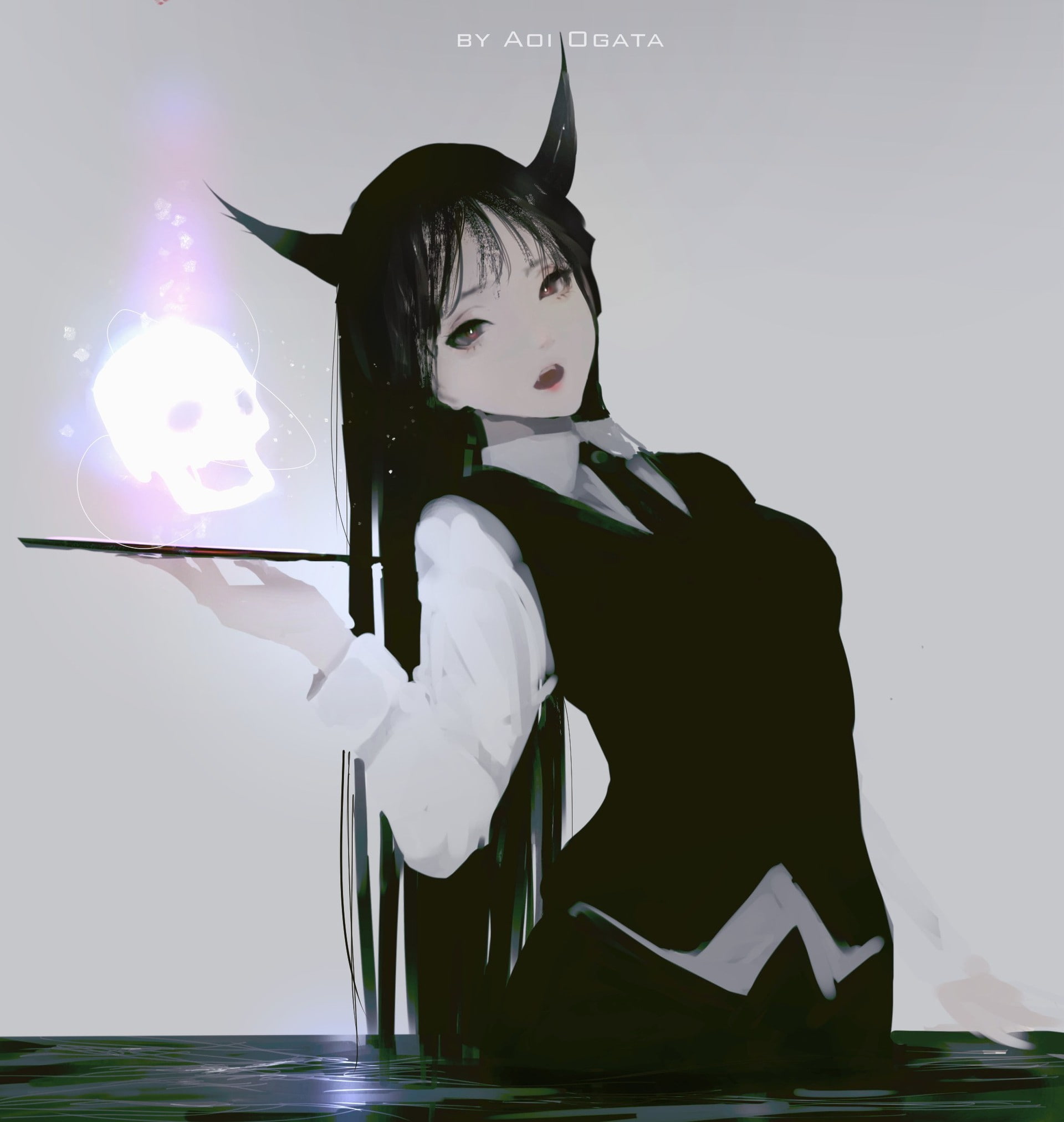 artwork, arched back, black hair, waitress, Aoi Ogata, horns, 1080P, skull, fangs, long hair, Phone HD Wallpaper