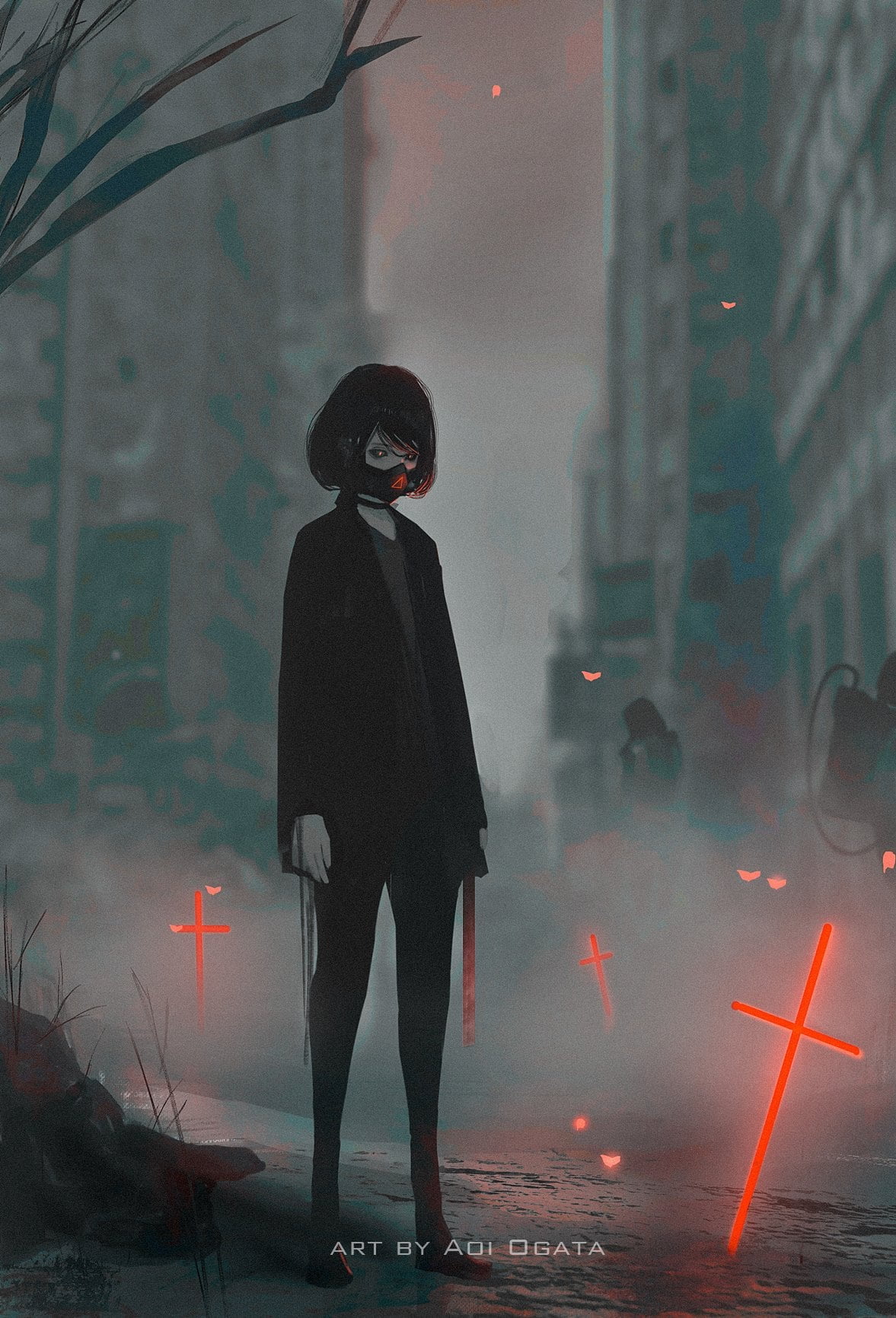 720P, short hair, black hair, Aoi Ogata, anime, vertical, anime girls, gas masks, original characters, Phone HD Wallpaper
