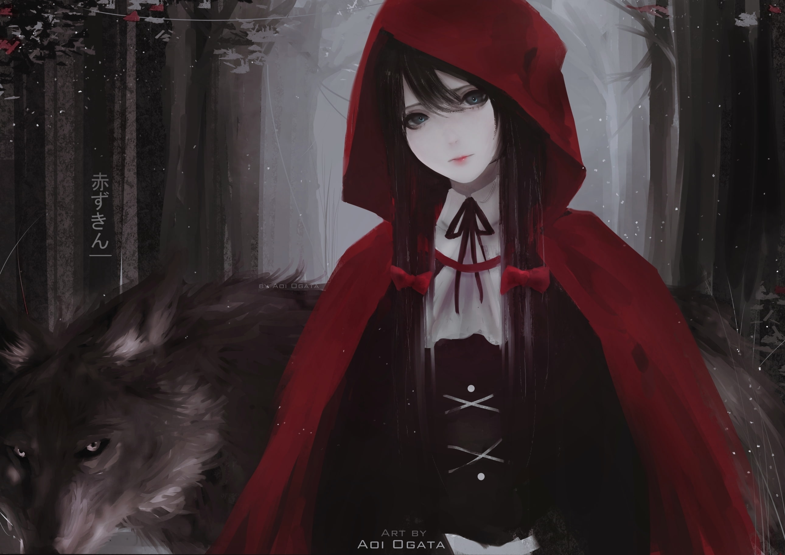 Looking At Viewer, wolf, digital art, 2K, Red Hood, brunette, artwork, Little Red Riding Hood, blue eyes, women, Aoi Ogata, HD Wallpaper