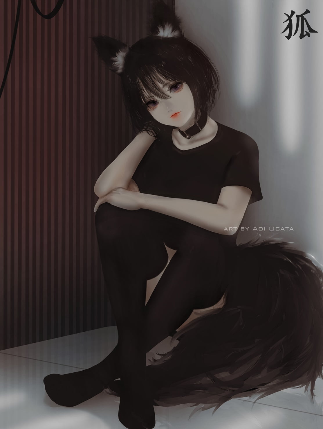 anime, original characters, digital art, collars, Aoi Ogata, anime girls, tail, collar, 720P, animal ears, Phone HD Wallpaper