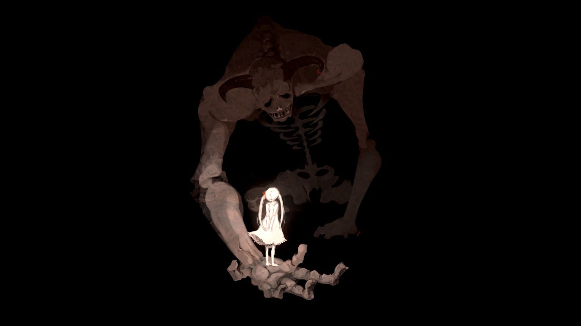 copy space, burning, indoors, artwork, girl, bone, body part, night, 1080P, fire, human skeleton, giants, black background, flame, healthcare and medicine, HD Wallpaper