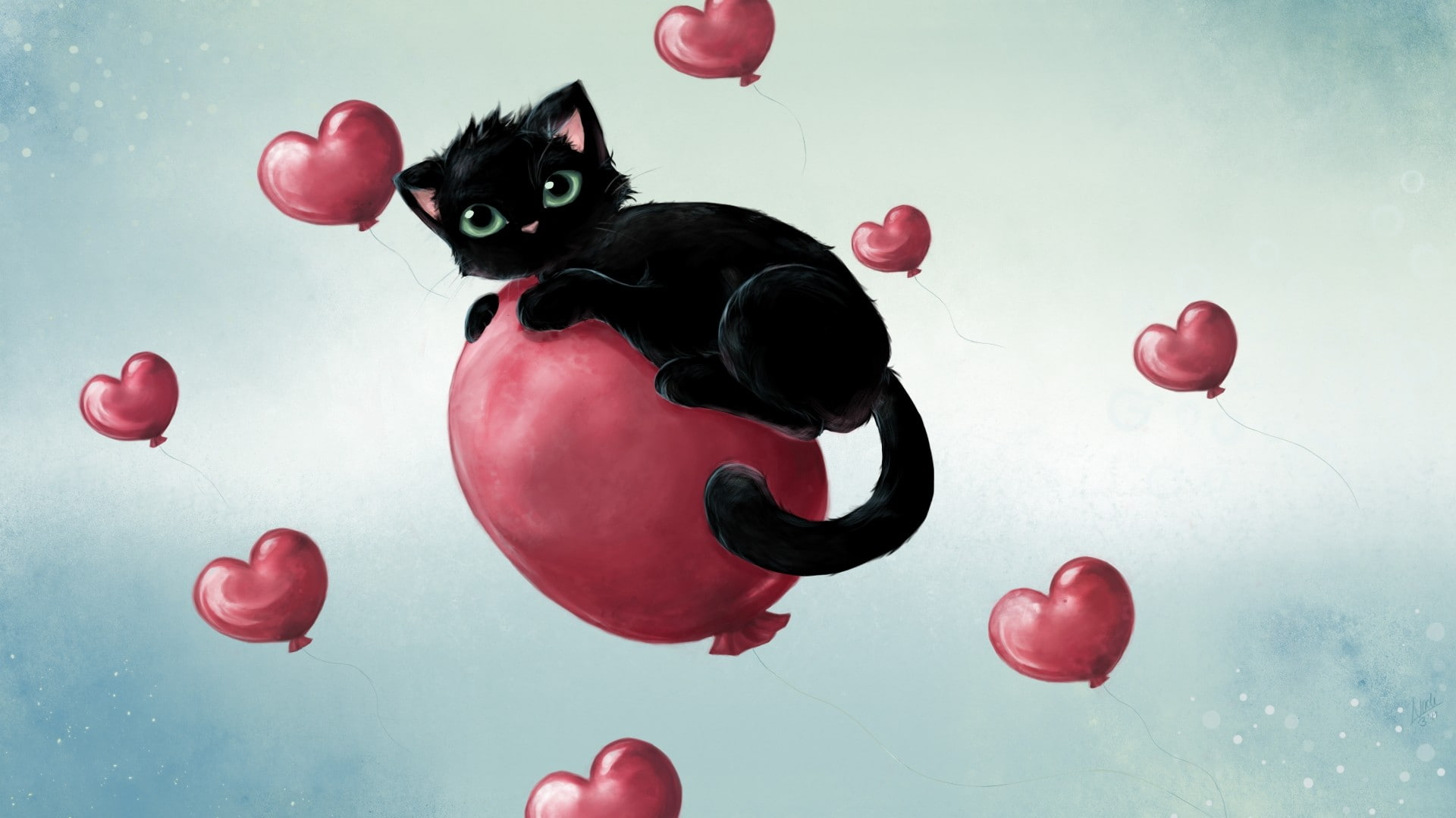 drawing, 1080P, balloon, cat, love/hate, heart, hd, HD Wallpaper