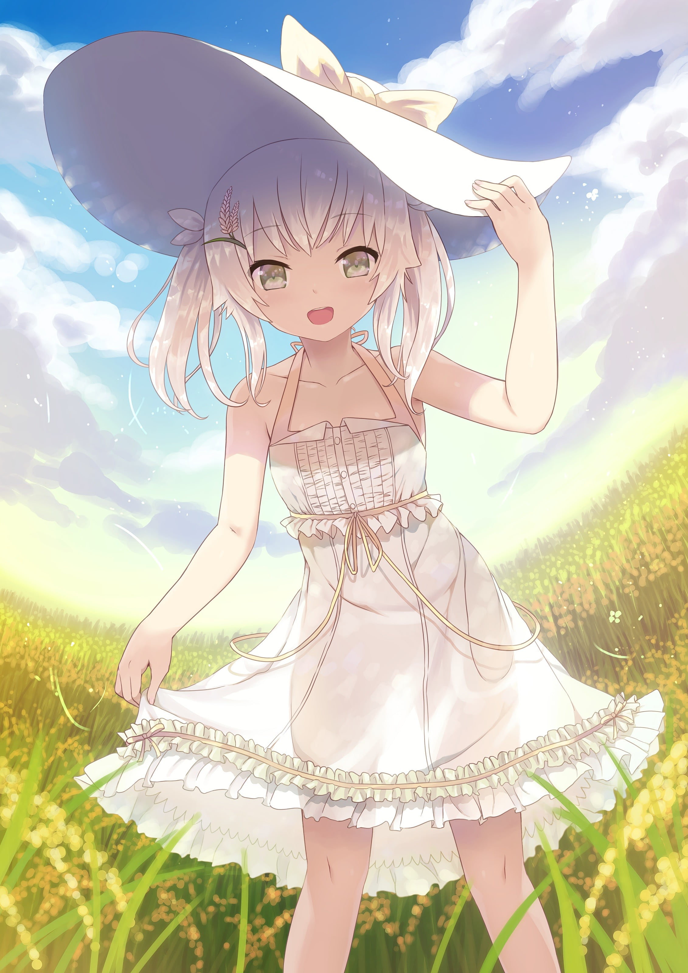 2K, young women, looking at viewer, day, clothing, nature, grass, white dress, front view, leisure activity, looking at camera, Frill dress, human arm, Phone HD Wallpaper