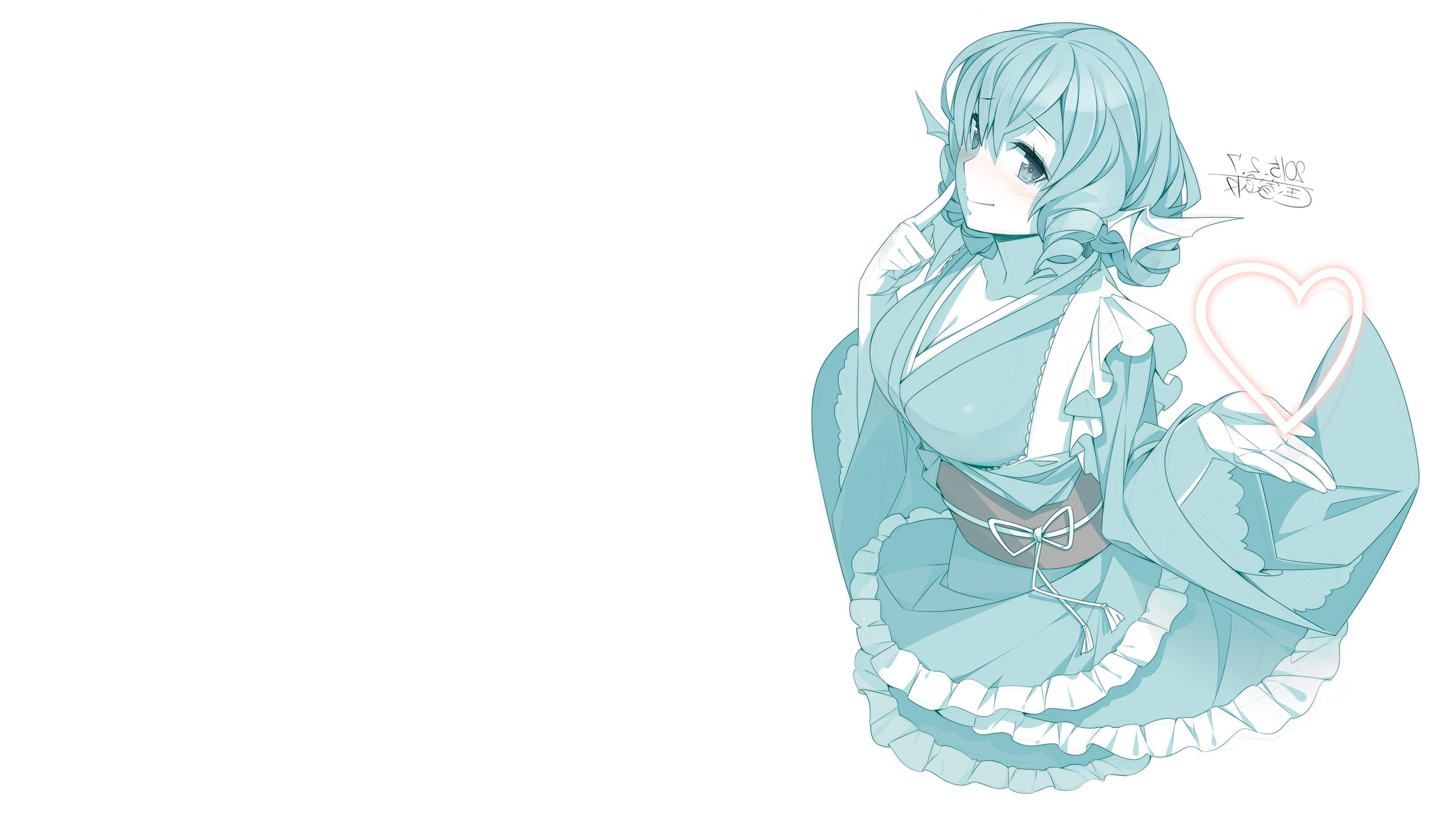 frills, 2K, blue eyes, Wakasagihime, blue hair, heart, Touhou, smiling, HD Wallpaper