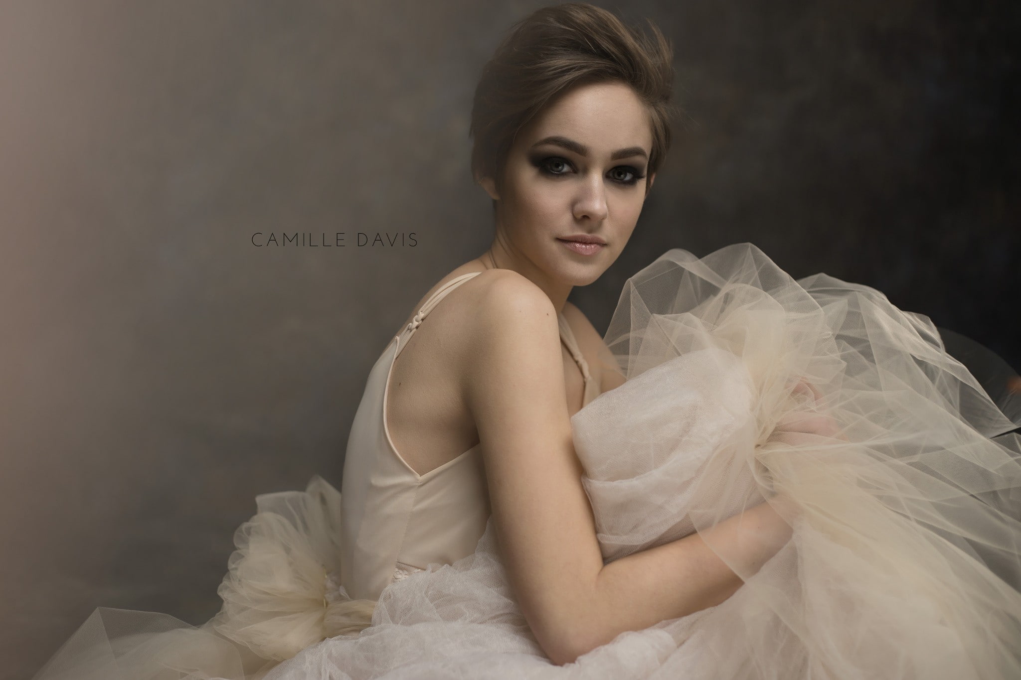 women, frills, Camille Davis, smoky eyes, dress, 1080P, ballerina, portrait, face, brunette, HD Wallpaper