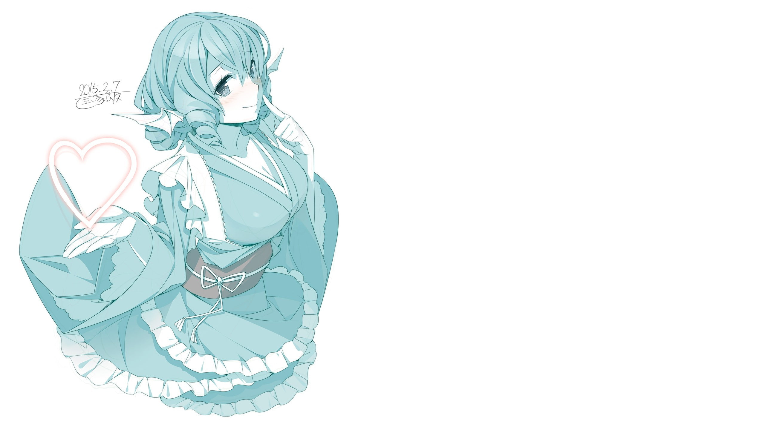 Frills, touhou, Wakasagihime, Hearts, smiling, blue eyes, 2K, Blue Hair, HD Wallpaper
