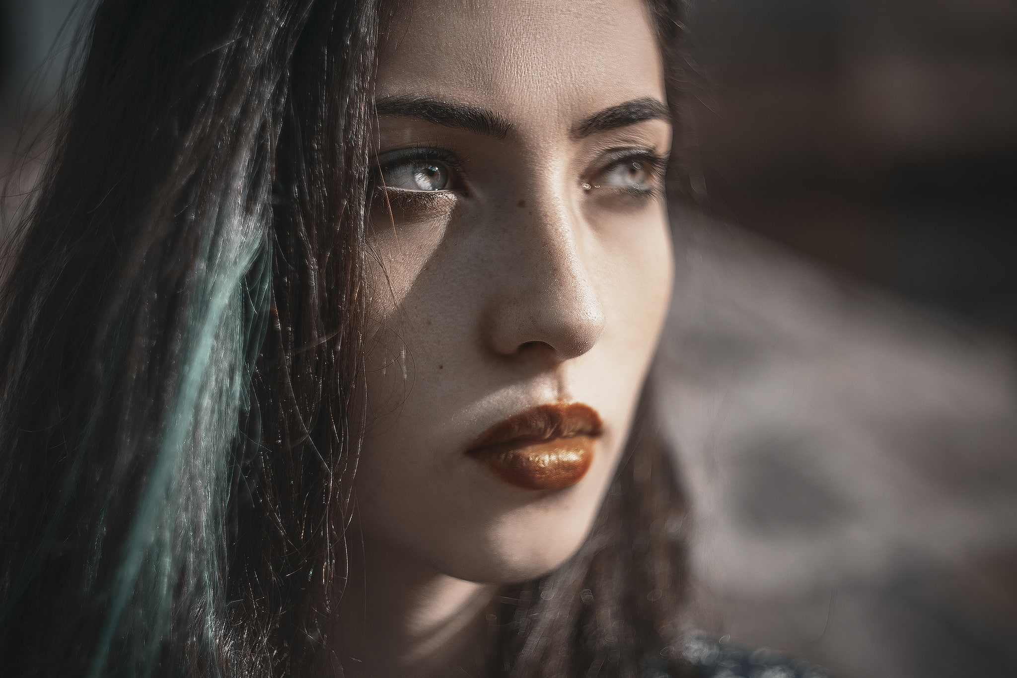 dyed hair, hairstyle, depression - sadness, close-up, red lipstick, closeup, leisure activity, contemplation, long hair, blue eyes, young adult, beautiful woman, HD Wallpaper