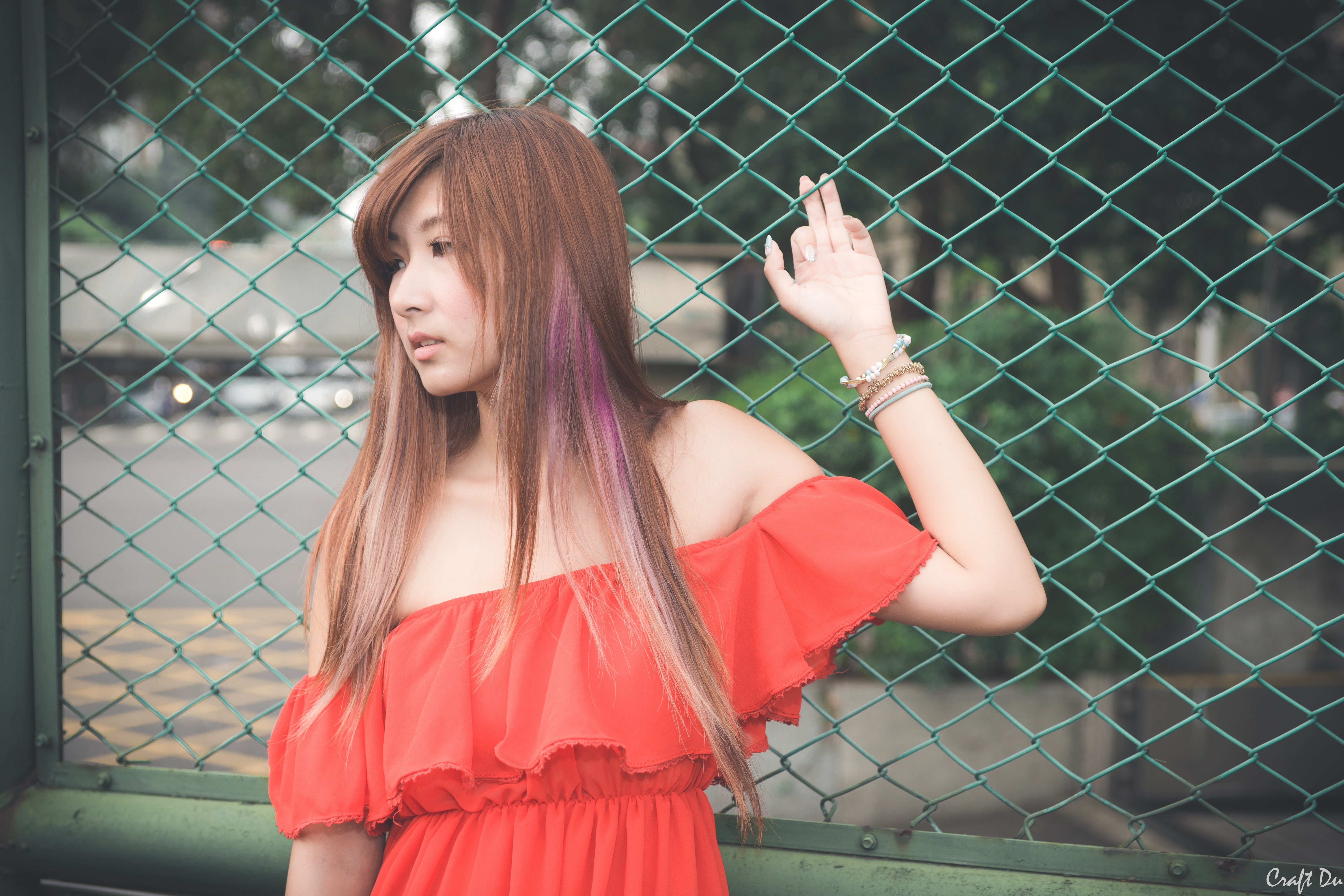 hair, red dress, hairstyle, outdoors, real people, barrier, waist up, one person, redhead, lifestyles, women, bangs, dyed hair, chainlink fence, three quarter length, HD Wallpaper