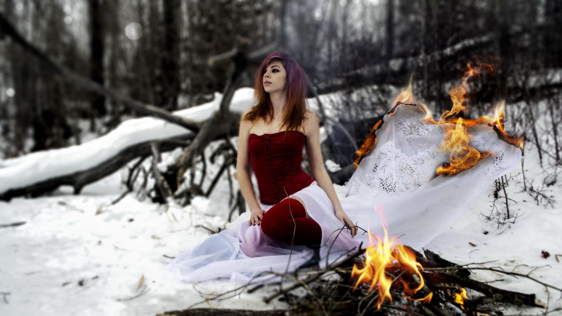 trees, s, land, flame, strapless, snow, women, young women, outdoors, bare shoulders, cold temperature, warm clothing, red, winter, fire - natural phenomenon, HD Wallpaper