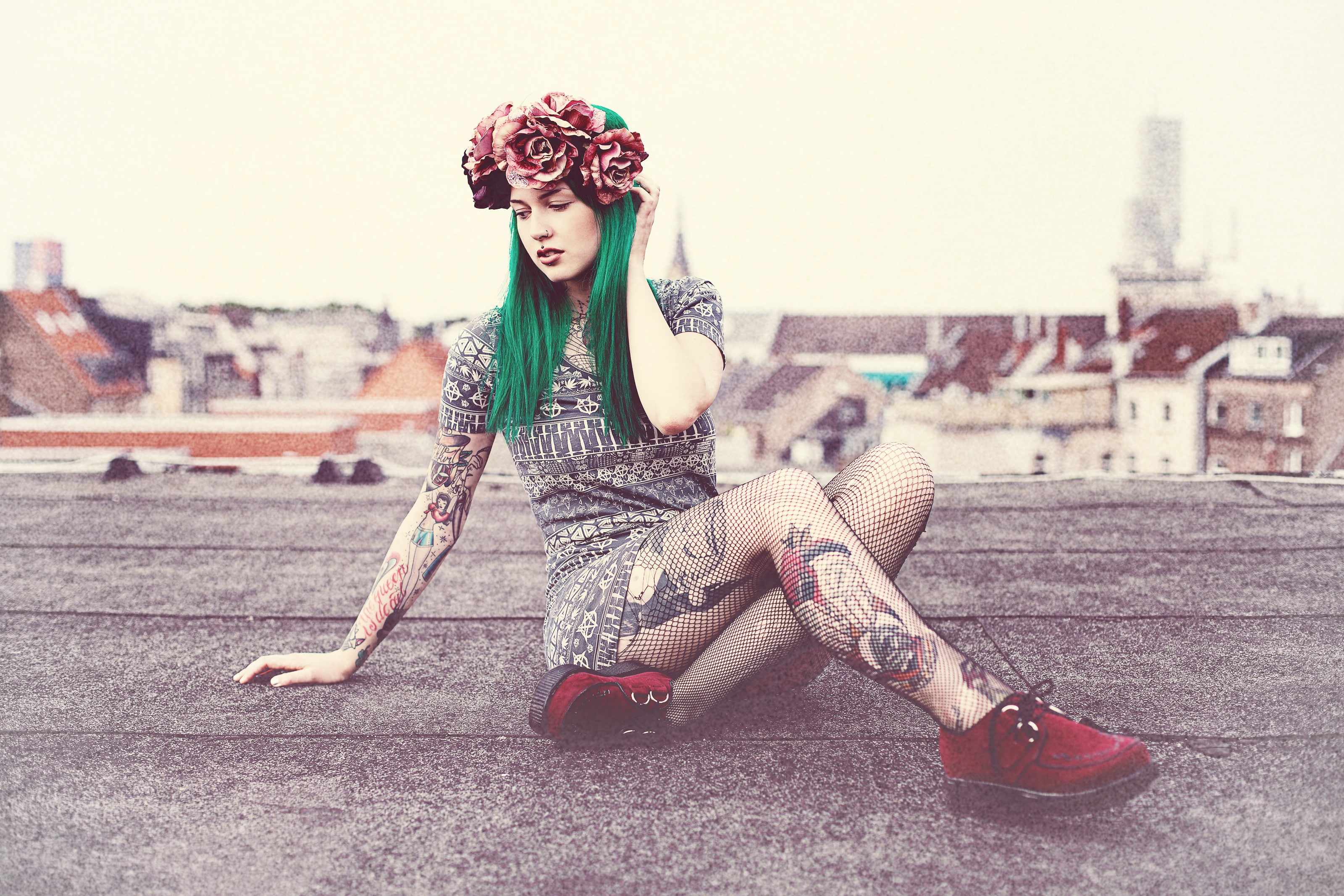 lifestyles, hair, young adult, one person, beautiful people, hairstyle, red shoes, nose rings, green hair, pierced lip, fashion, young women, portrait, HD Wallpaper