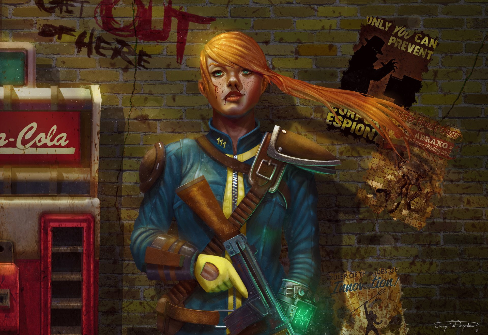 leisure activity, sitting, Fallout, Sole Survivor (Fallout 4), young adult, musical instrument, architecture, 1080P, brick wall, seat, one person, wall - building feature, HD Wallpaper