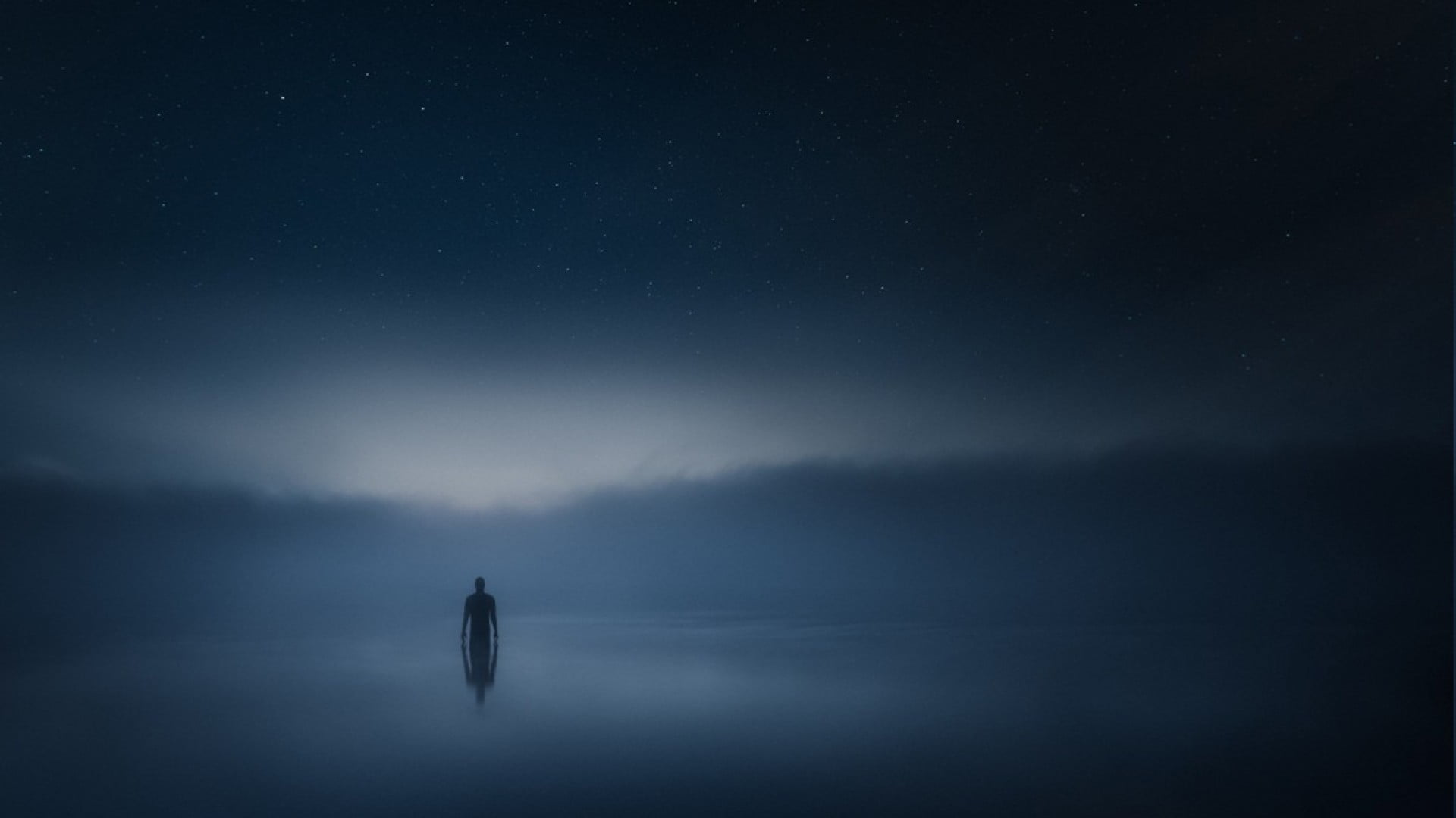 idyllic, tranquil scene, person, body, space, mist, alone, astronomy, silhouette, night, tranquility, animations, clouds, river, cloud - sky, star - space, HD Wallpaper
