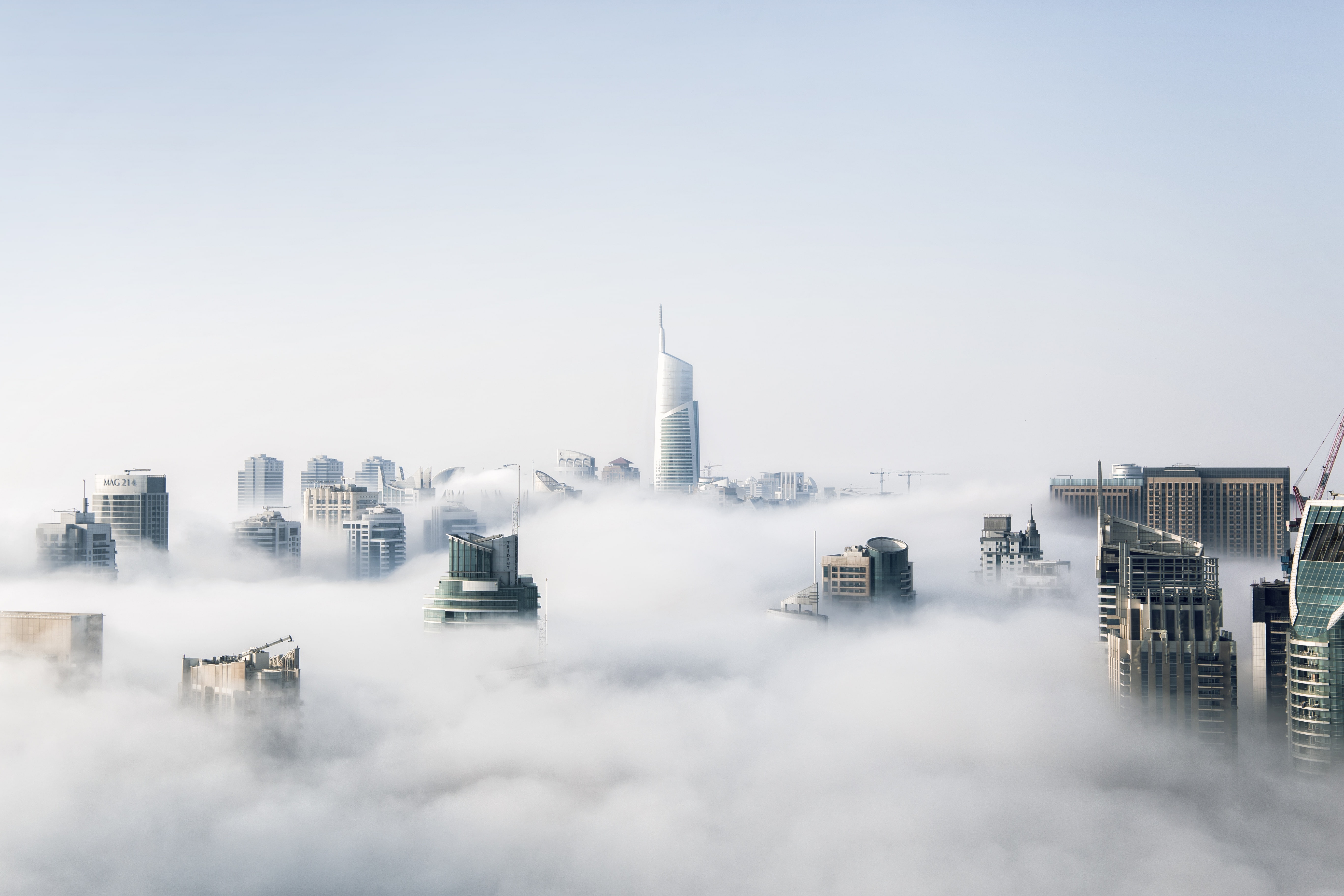 buildings, modern, urban, water, city, cityscape, tower, smoke, clouds, storm, cloudy, business, architecture, scenic, 5K, travel, futuristic, weather, HD Wallpaper