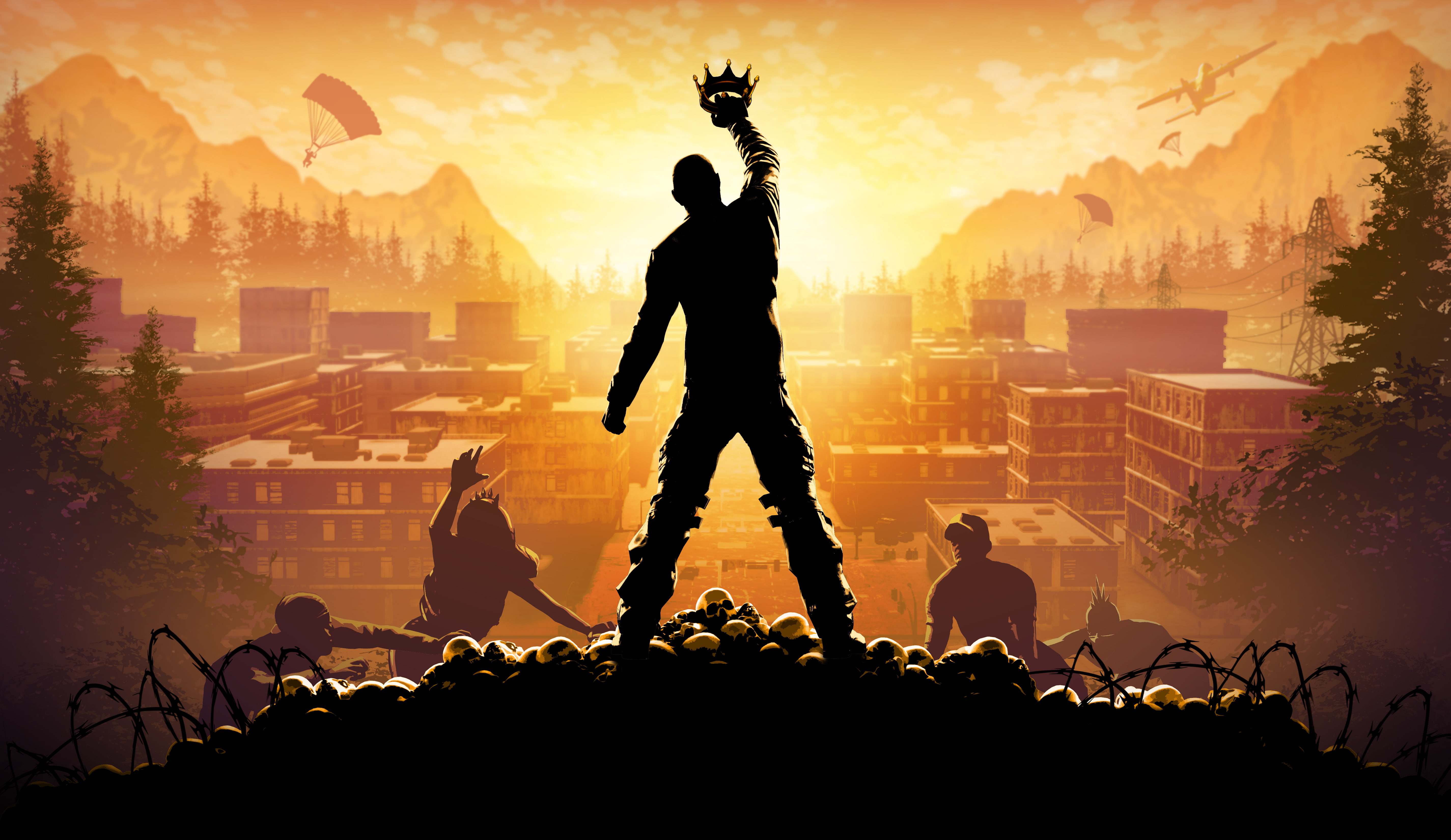 Skydivers, The sky, Elektroniska, Barbed Wire, The city, Skull, Building, King of the Kill, Light, H1Z1, Sunset, H1Z1: King of the Kill, Clouds, Sony Online Entertainment, HD Wallpaper