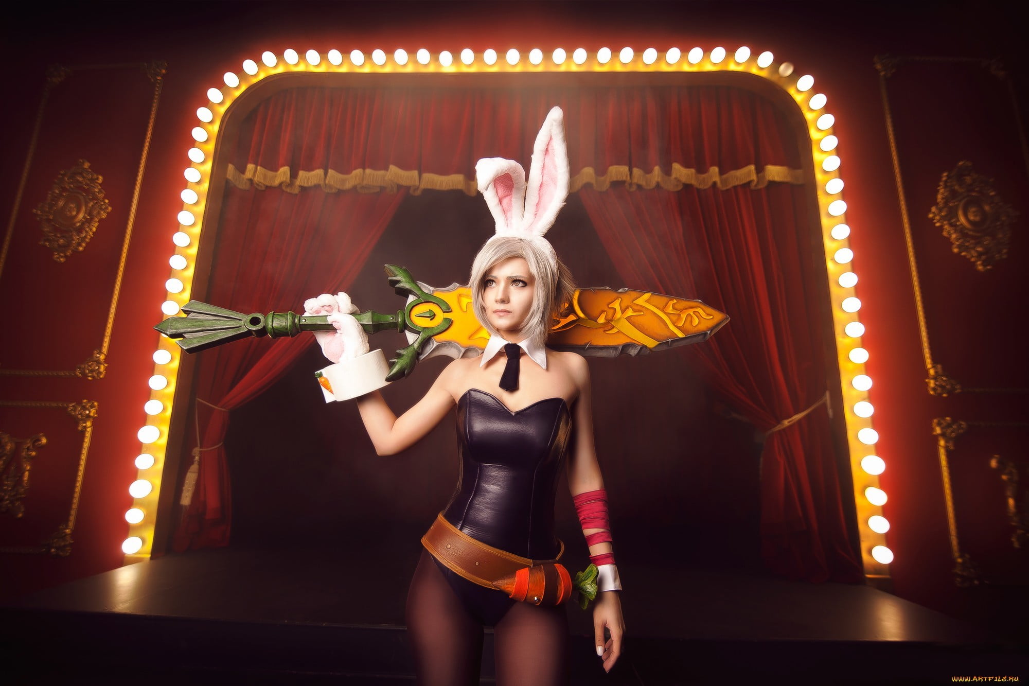 Riven, wearing, ears, woman, 1080P, full length, front view, clothing, hair, young adult, dancing, cosplay, bunny, light, hairstyle, adult, human limb, HD Wallpaper