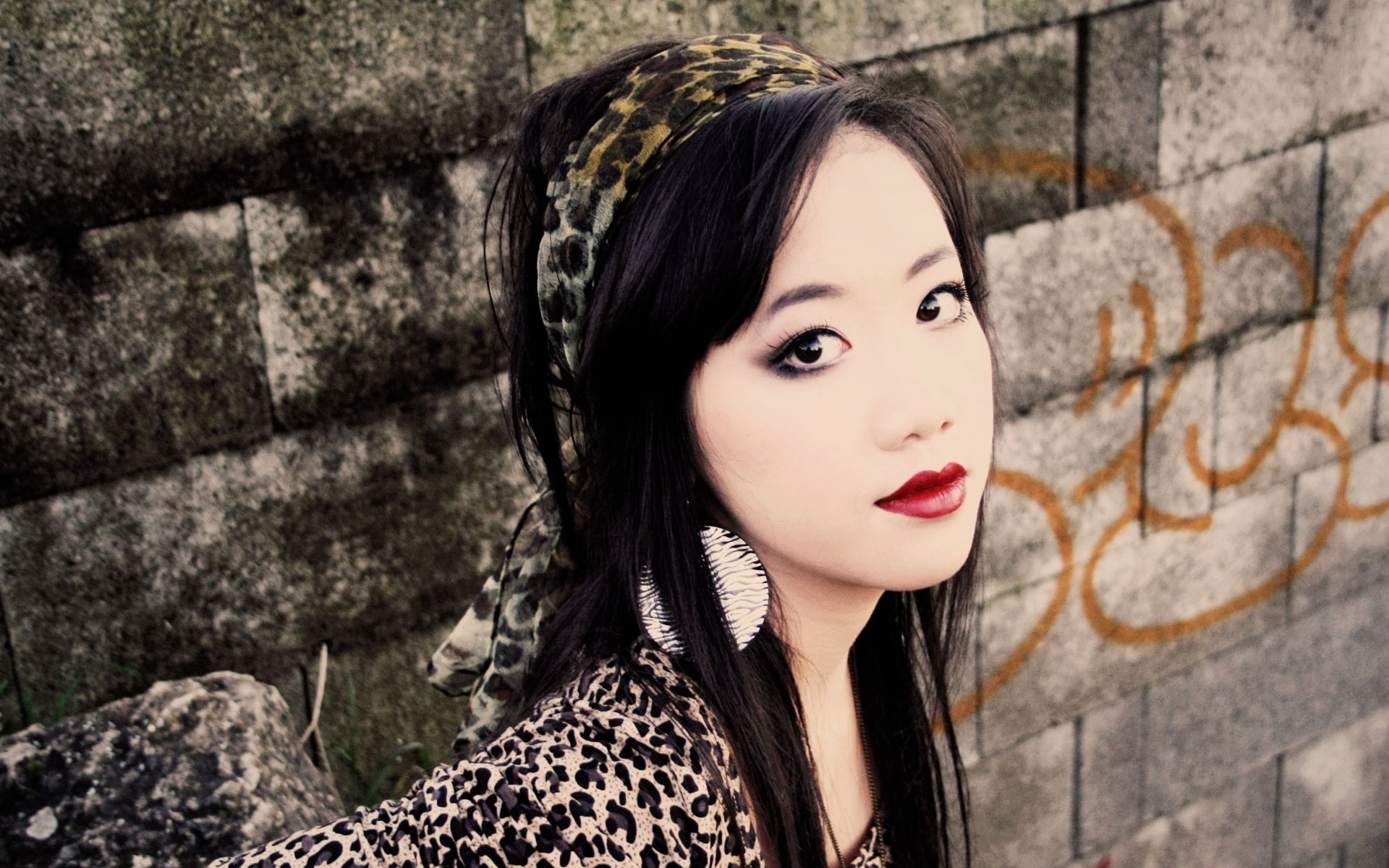 stone wall, wall, young women, portrait, Asian, adult, black hair, brick, fashion, beauty, brick wall, headband, beautiful woman, headshot, one person, HD Wallpaper