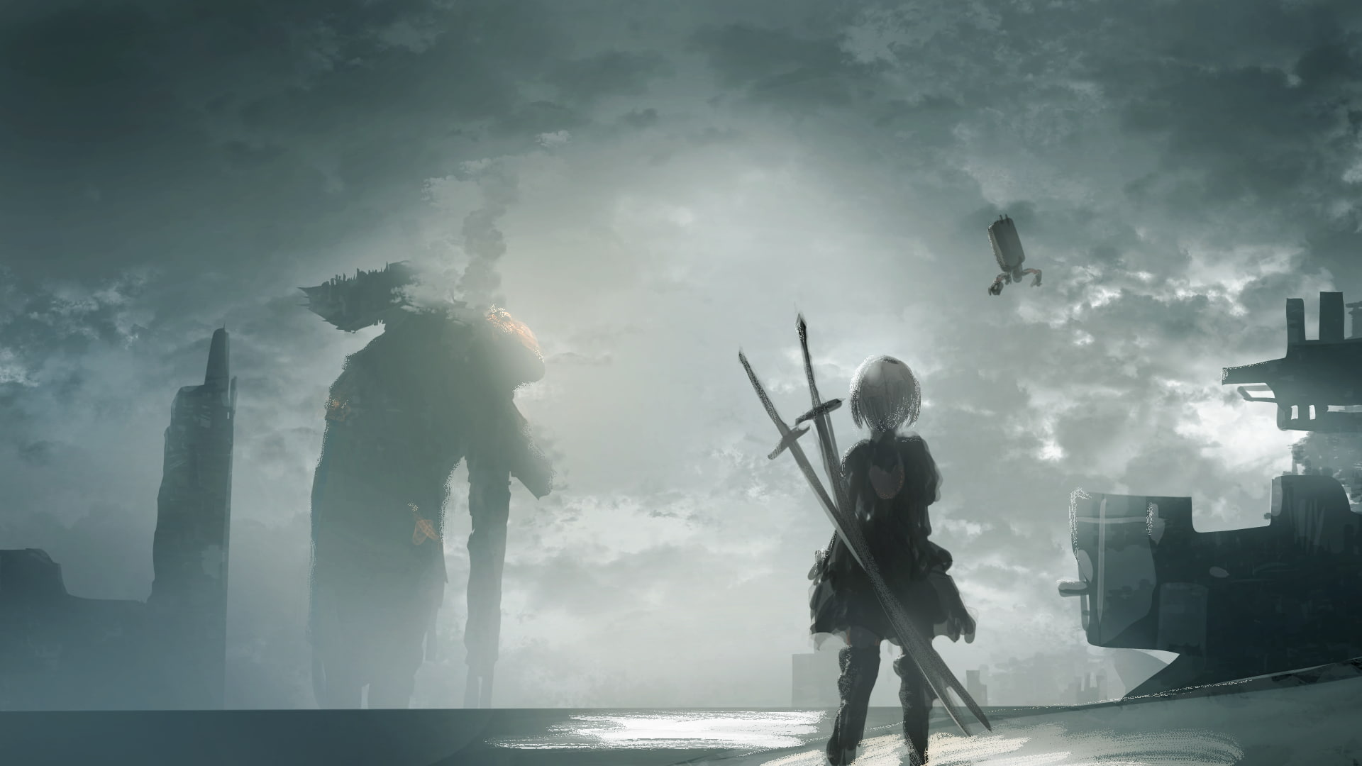 cloud - sky, music, day, yorha no.2 type b, one person, holding, Anime, outdoors, silhouette, nier: automata, water, musical instrument, full length, standing, HD Wallpaper