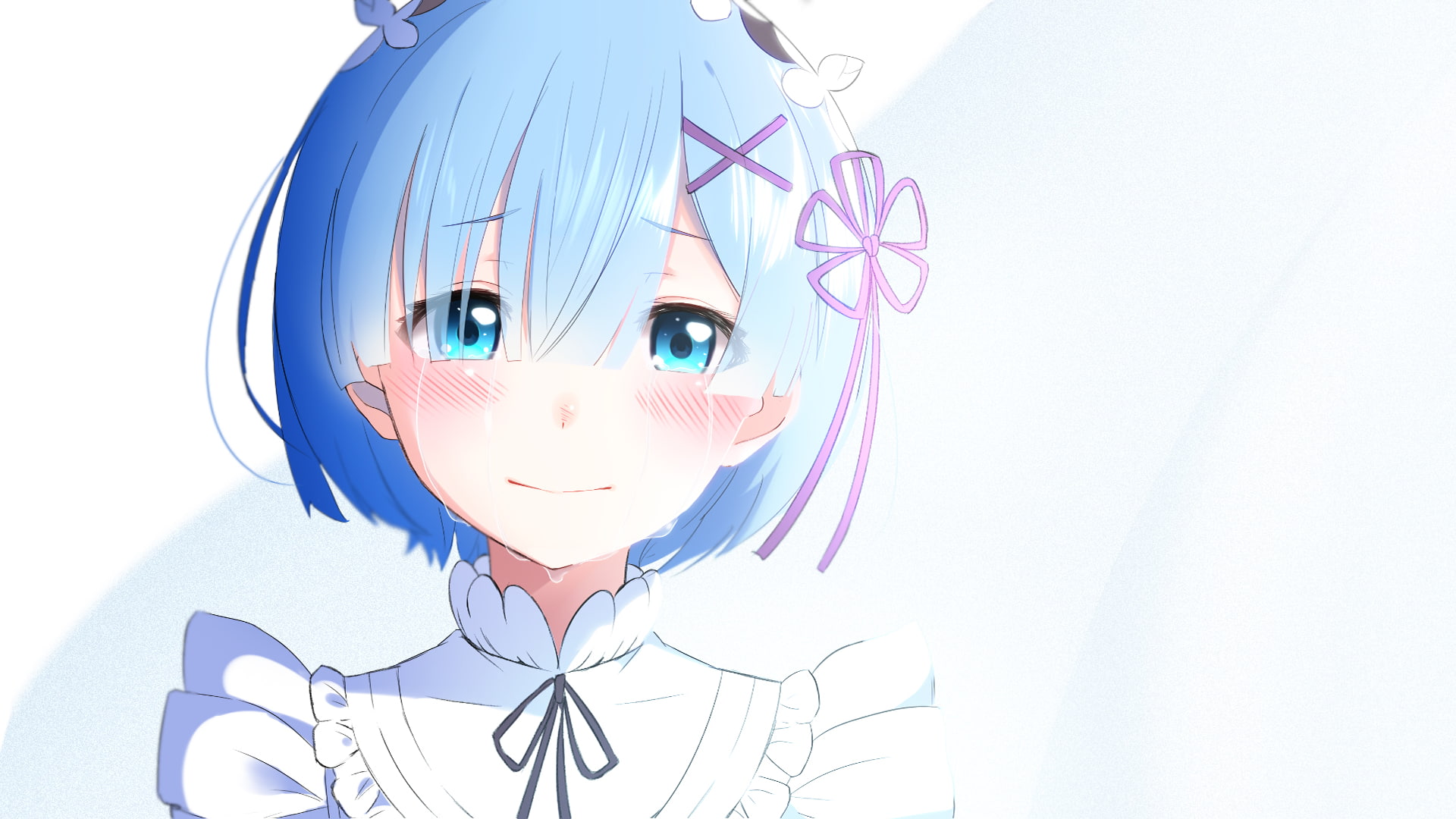1080P, Rem (Re:ZERO), Short Hair, Anime, Blue Hair, Girl, Tears, Blush, Re:ZERO -Starting Life in Another World-, Aqua Eyes, Re:Zero, Smile, HD Wallpaper