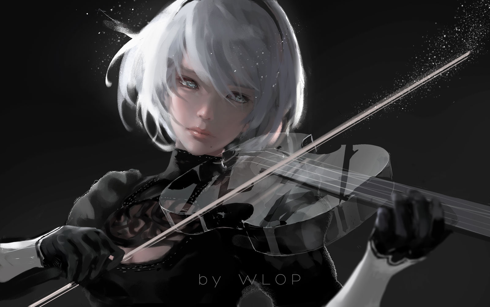 NieR, silver hair, gloves, 720P, headband, 2B (Nier: Automata), violin, Nier: Automata, musical instrument, short hair, WLOP, elbow gloves, HD Wallpaper