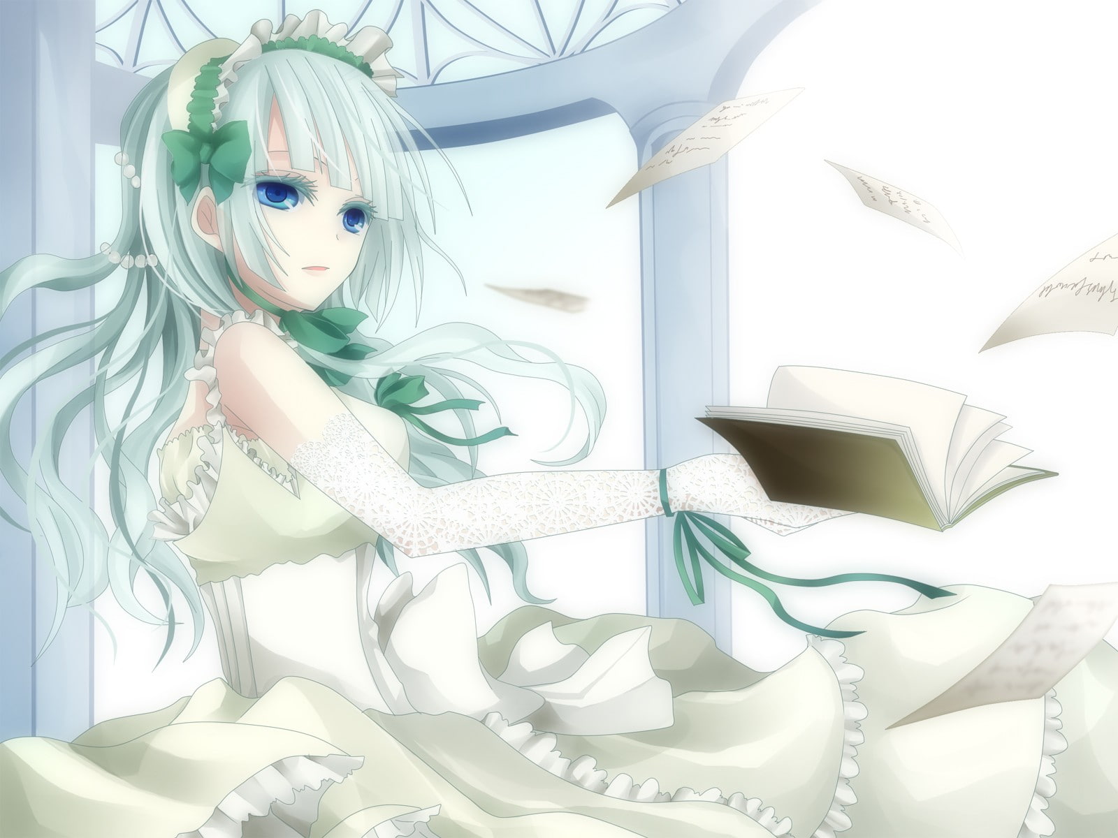 Umineko no Naku Koro ni, white dress, long hair, books, ribbon, anime, 720P, anime girls, Claire Bernardus, HD Wallpaper