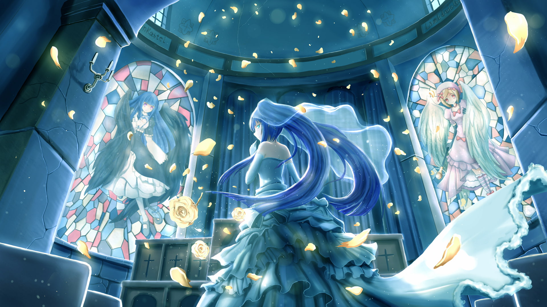furudo, bernkastel, zen, lambdadelta, 1080P, eyes, weishanzhe, hair, frederica, koro, umineko, night, blue, dress, petals, naku, erika, flowers, HD Wallpaper