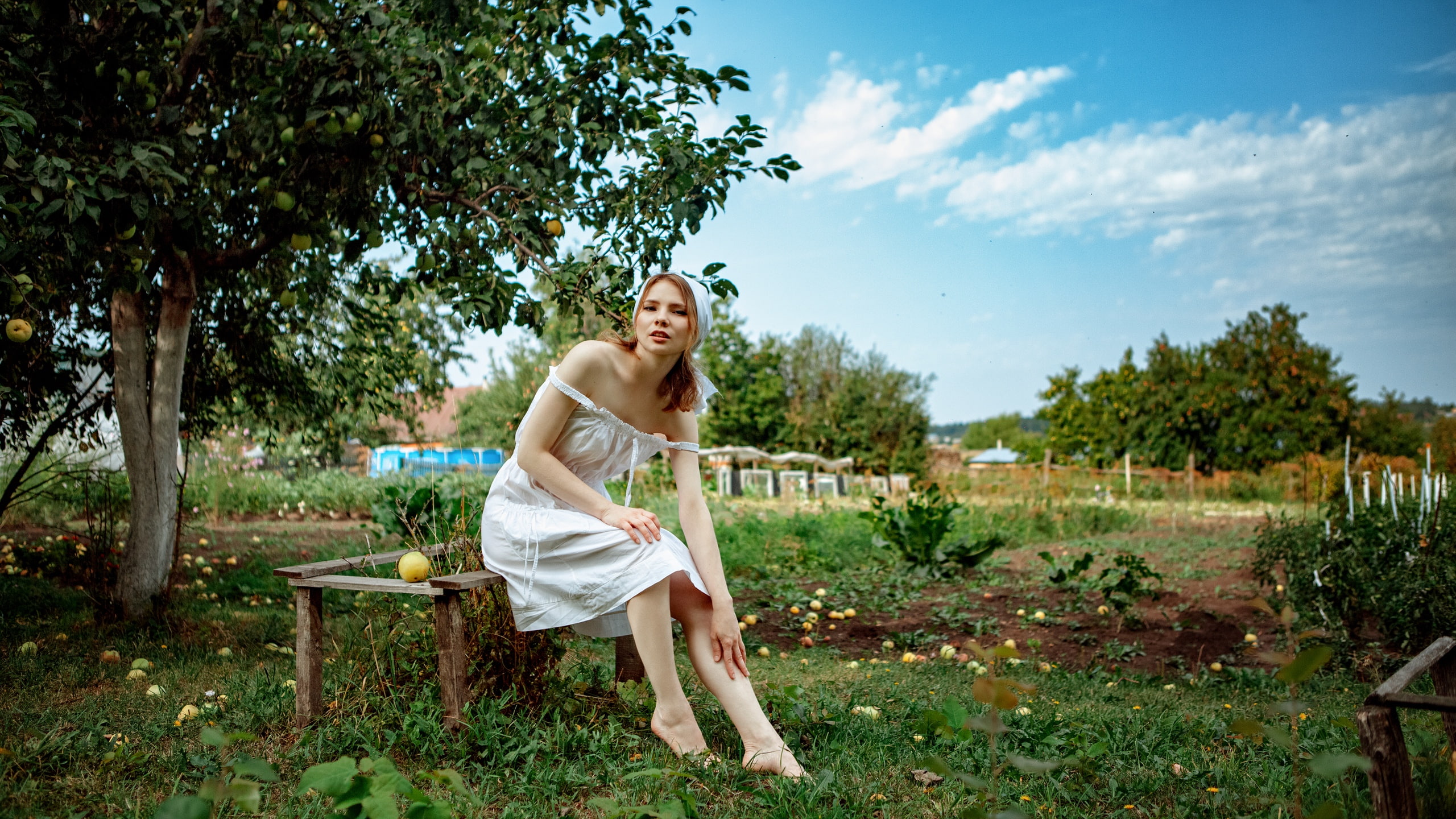 plants, one person, white dress, barefoot, 2K, lifestyles, brunette, full length, trees, young women, green color, women outdoors, dress, shirtless, plant, HD Wallpaper